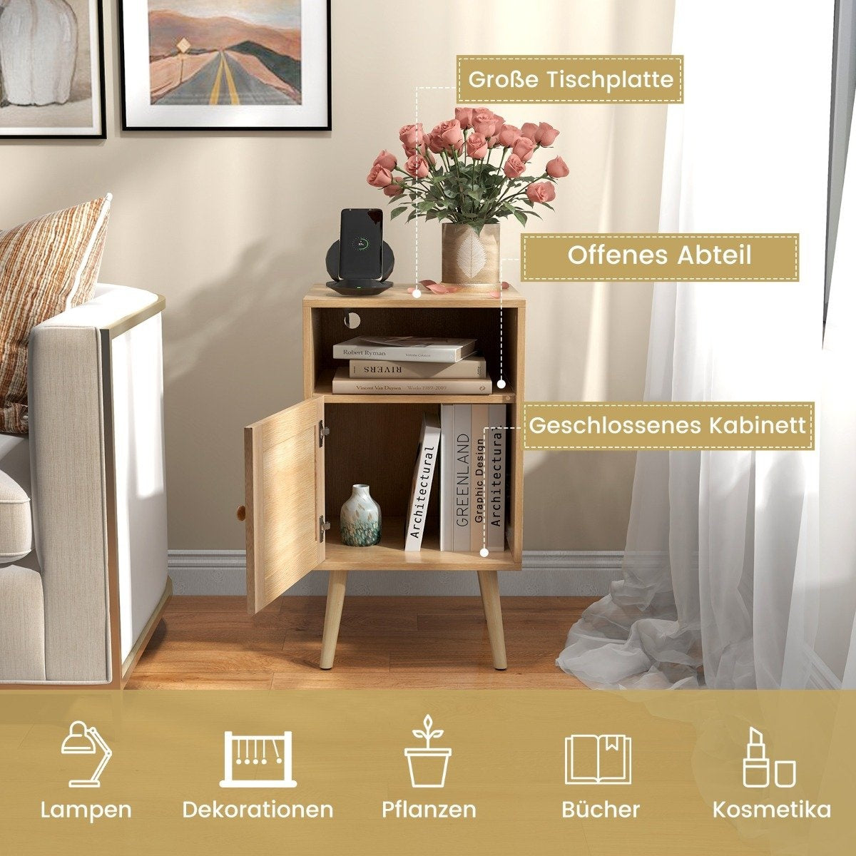 Rattan bedside table with storage space, open shelf and door, farmhouse style side table, natural