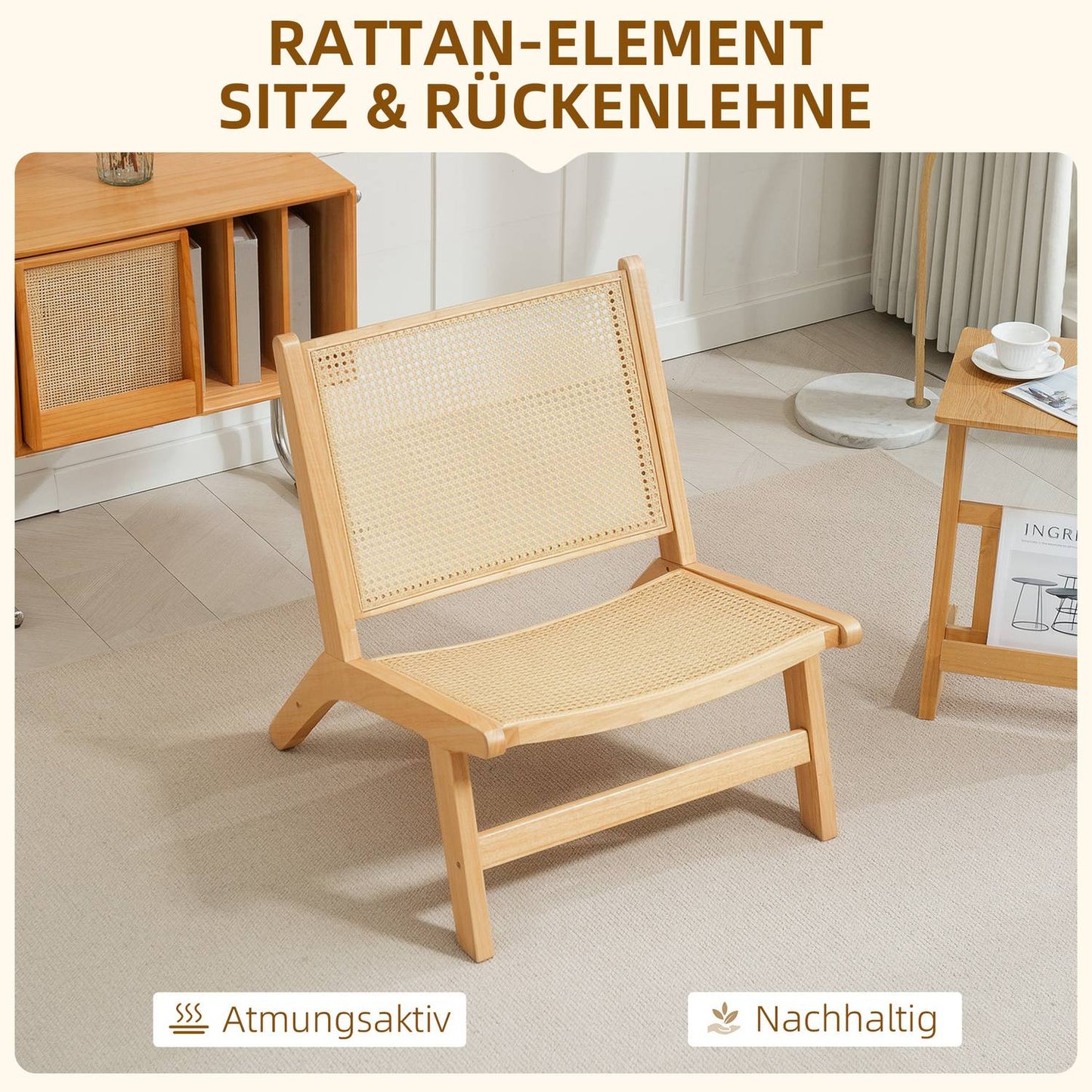 Rattan chair, reading chair, wooden frame, wide seat, 64 x 70 x 74 cm, natural wood