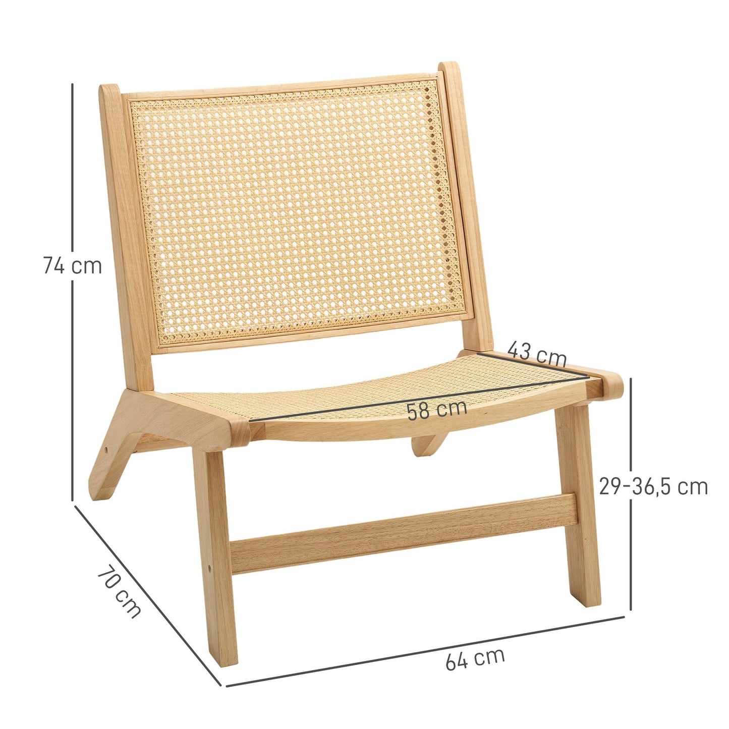 Rattan chair, reading chair, wooden frame, wide seat, 64 x 70 x 74 cm, natural wood