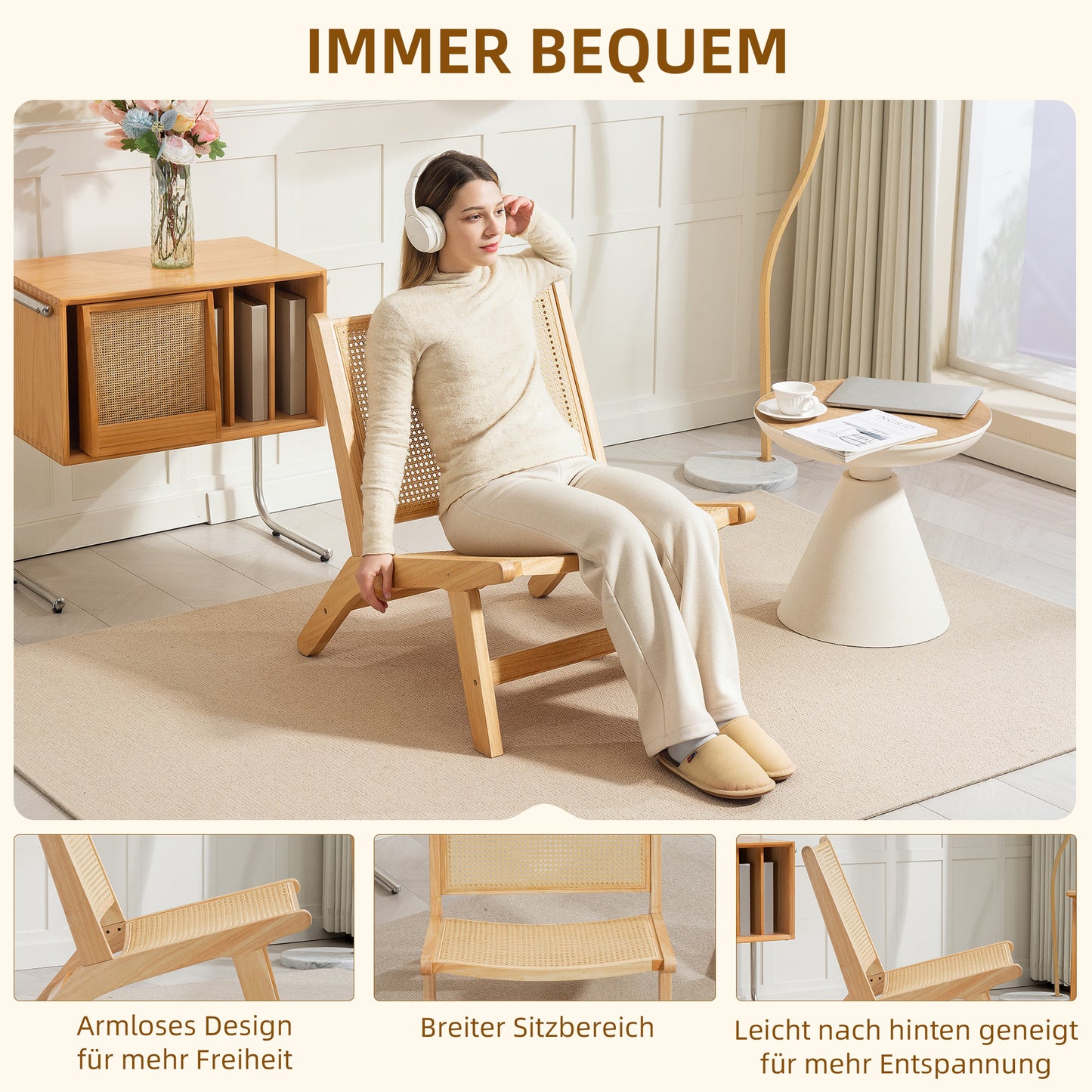 Rattan chair, reading chair, wooden frame, wide seat, 64 x 70 x 74 cm, natural wood