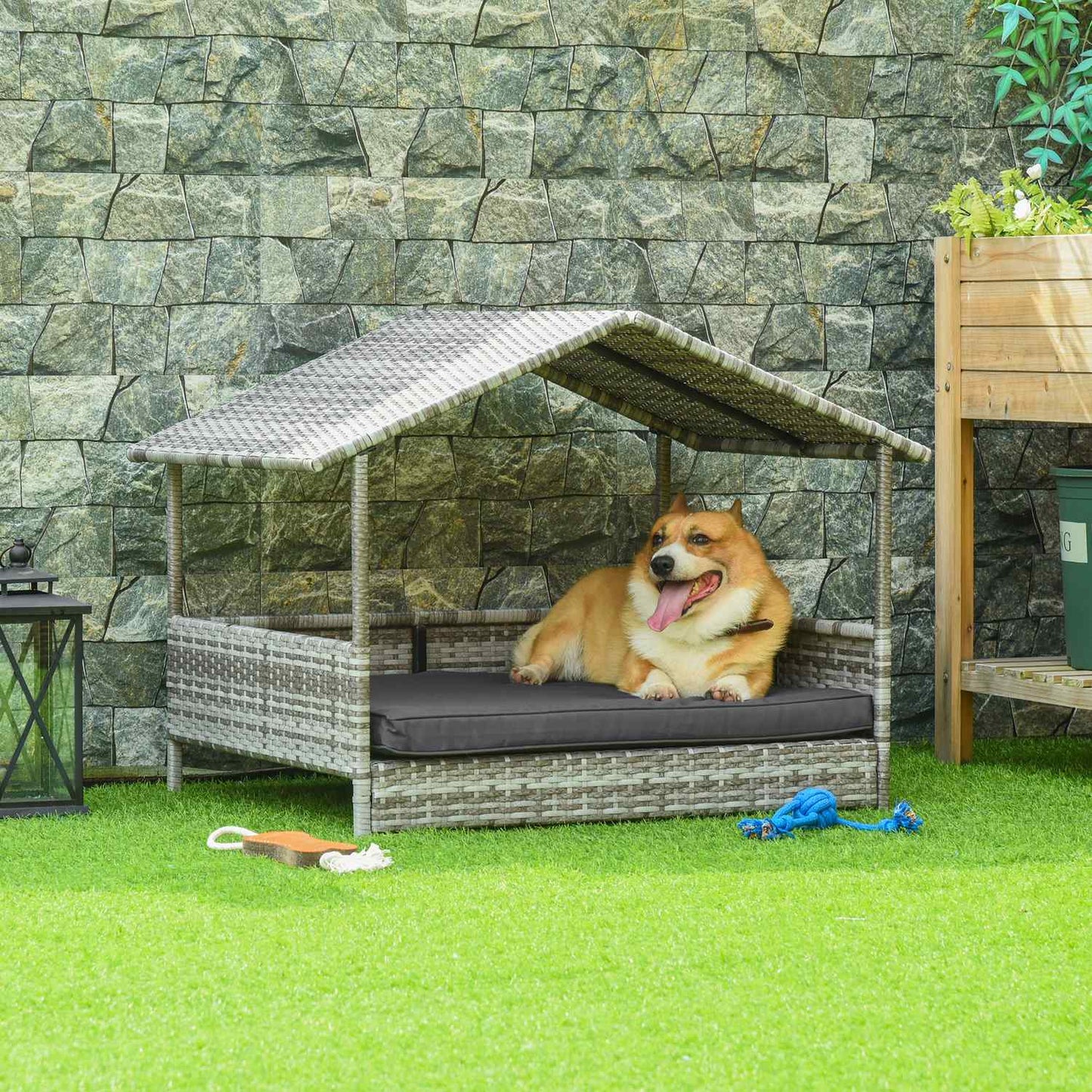 Outdoor rattan dog house with Cushion - Grey, 69 x 98 x 70 cm