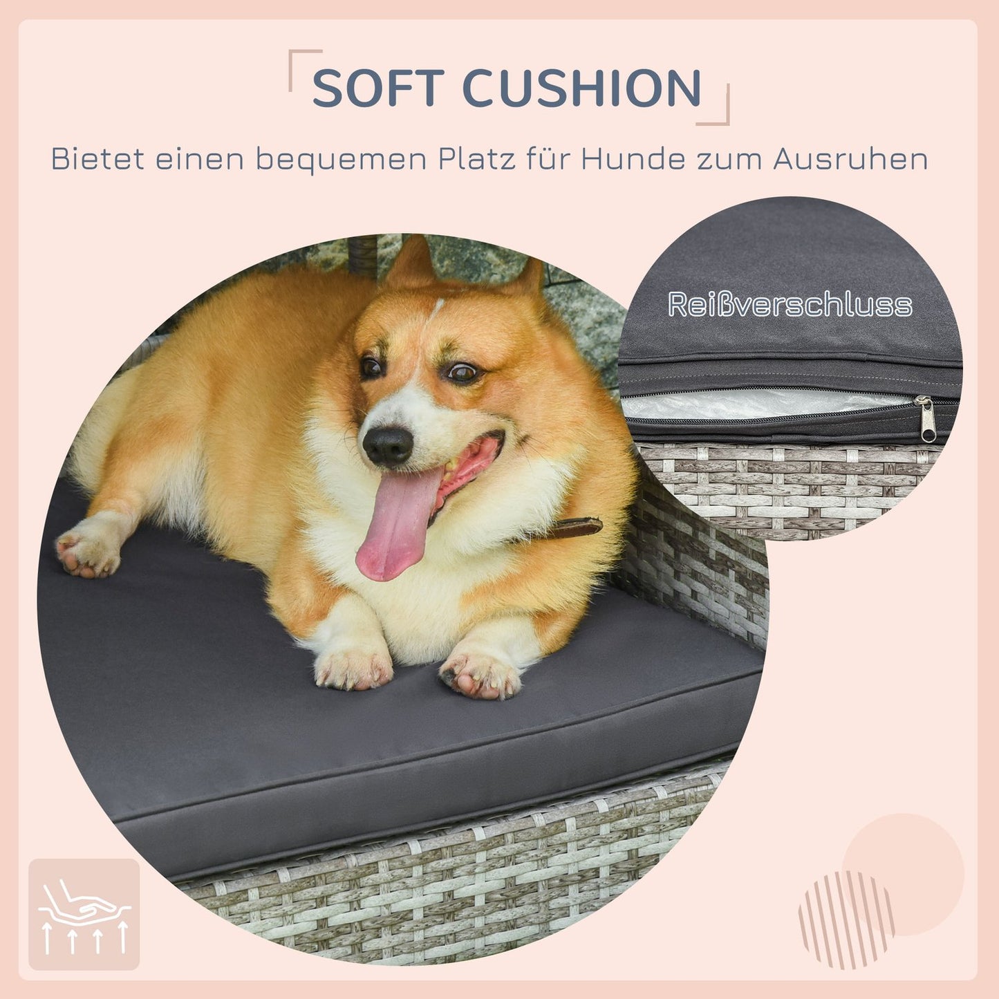 Outdoor rattan dog house with Cushion - Grey, 69 x 98 x 70 cm