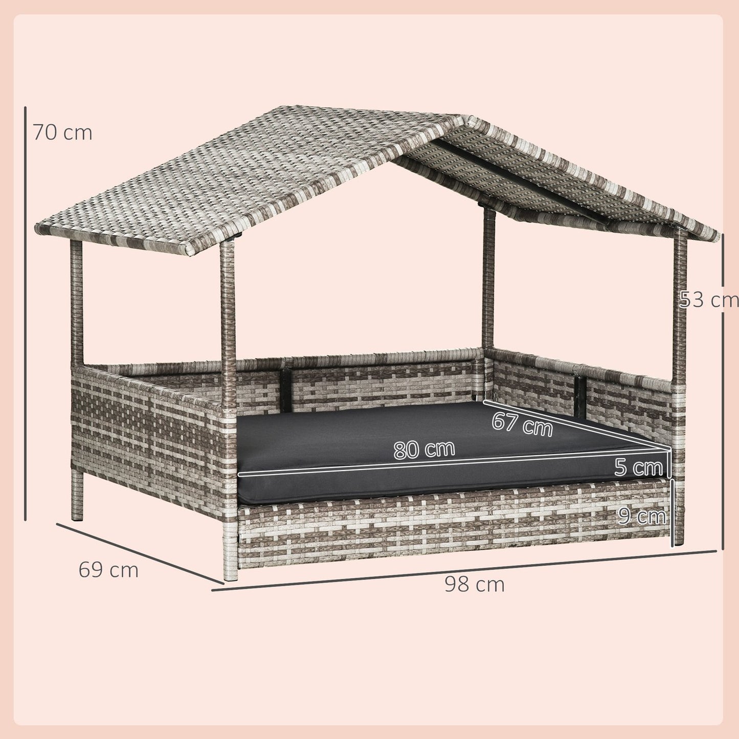Outdoor rattan dog house with Cushion - Grey, 69 x 98 x 70 cm