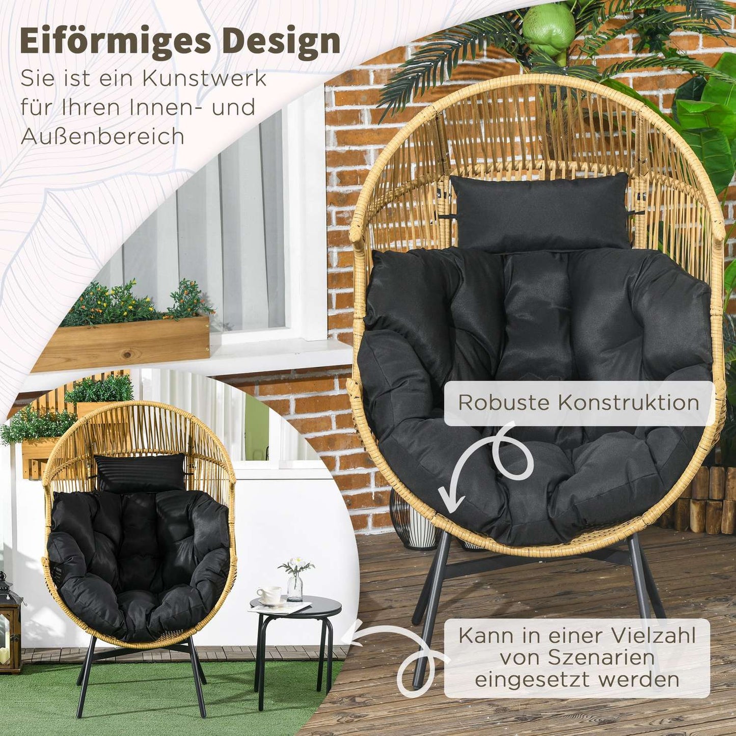 Egg-shaped wicker chair with cushion, capacity 120 kg