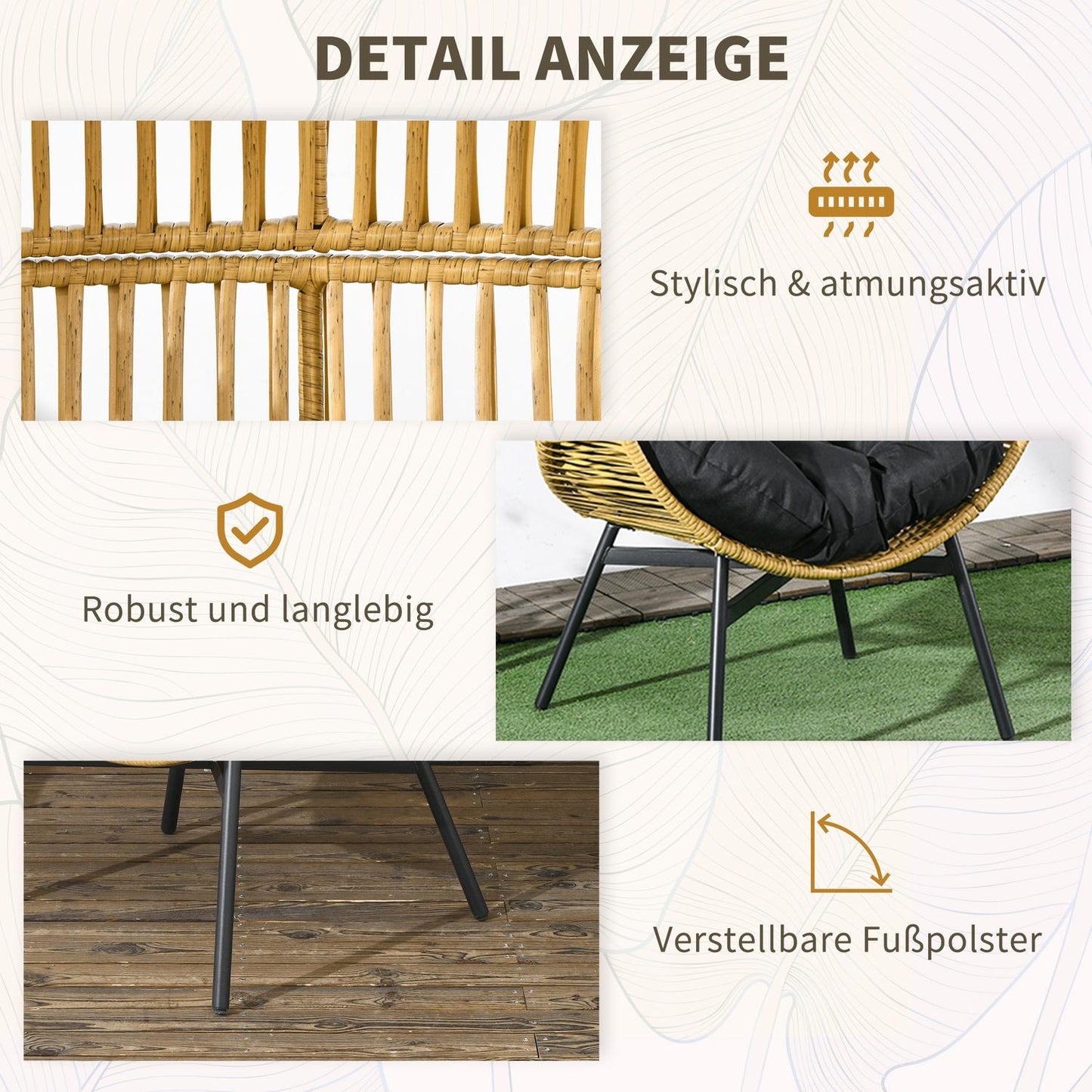 Egg-shaped wicker chair with cushion, capacity 120 kg