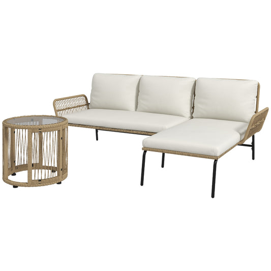 Rattan garden furniture with chair, table and cushions
