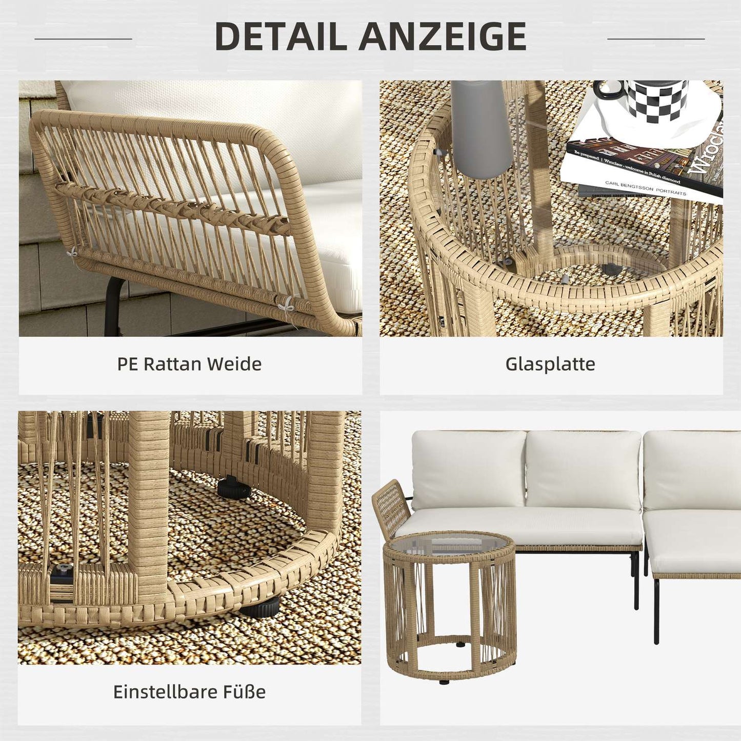 Rattan garden furniture with chair, table and cushions