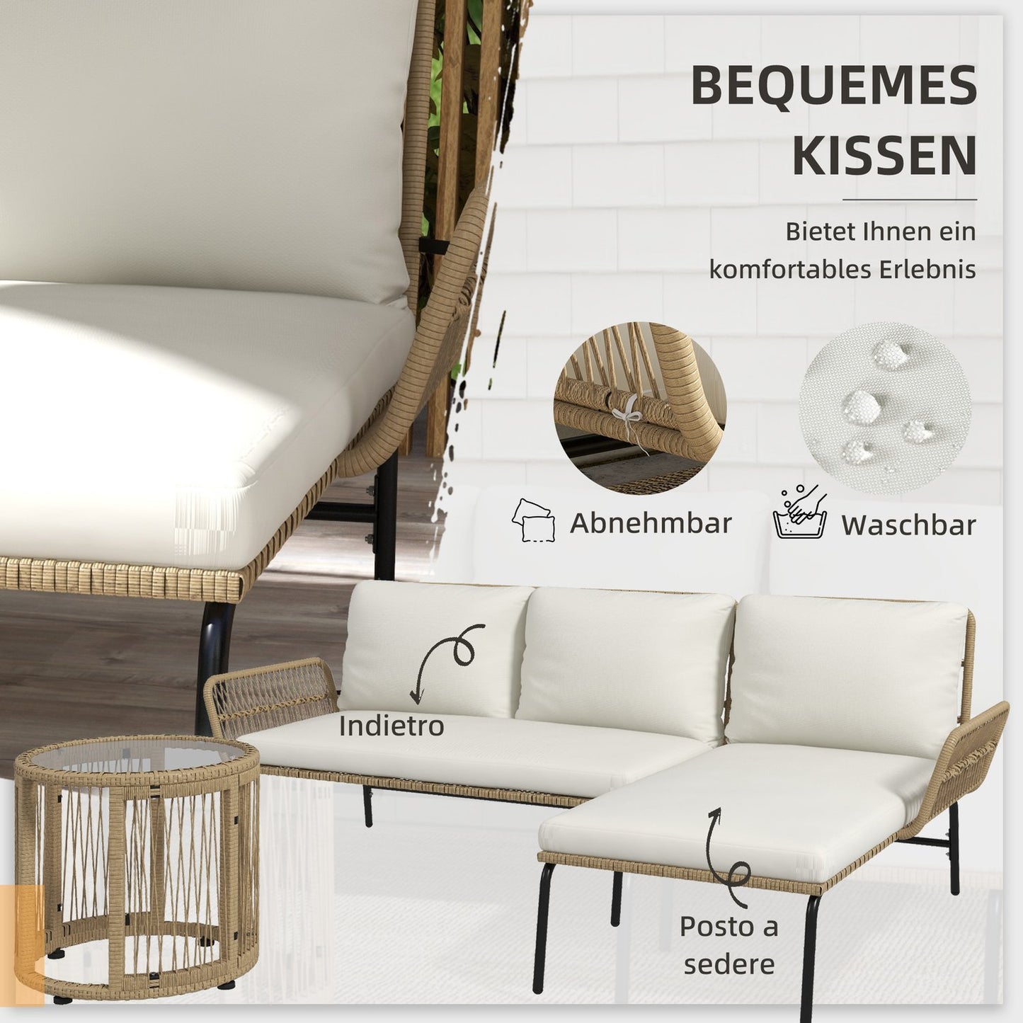 Rattan garden furniture with chair, table and cushions