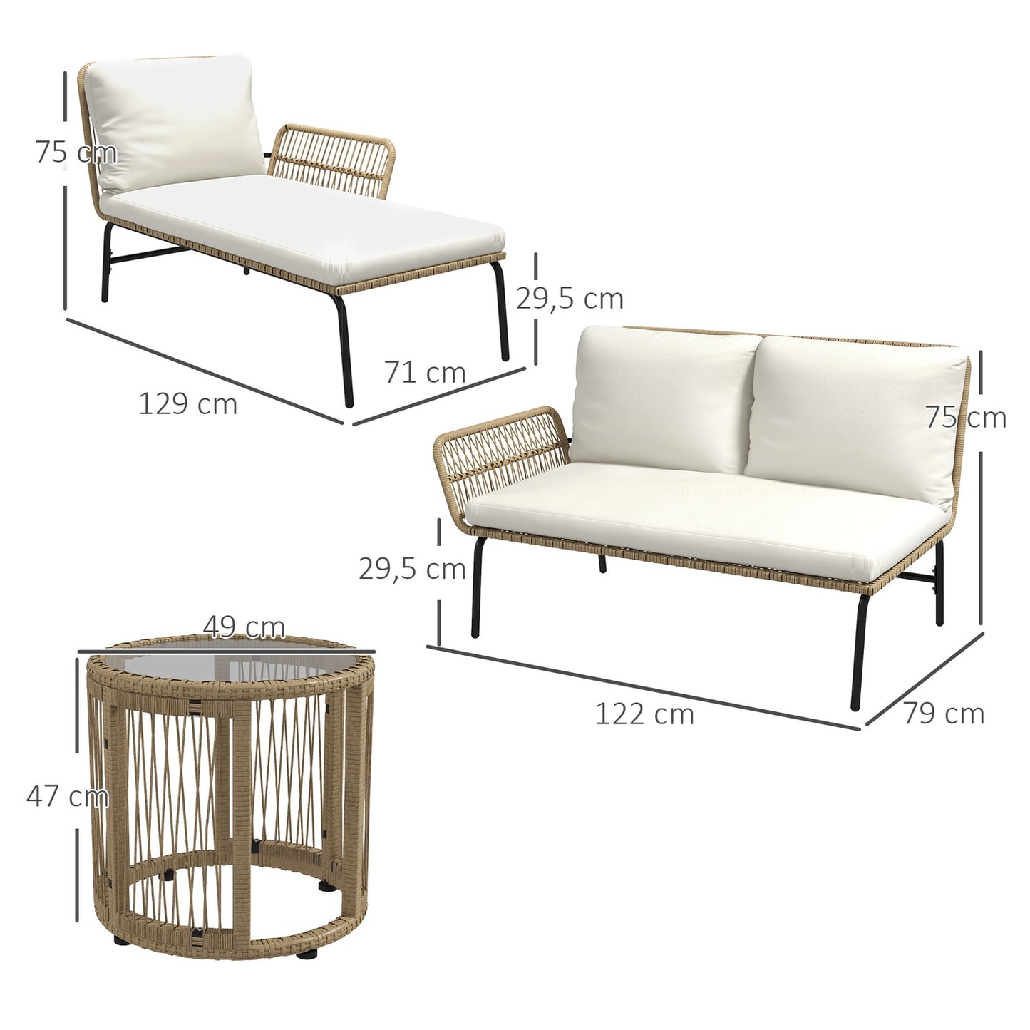 Rattan garden furniture with chair, table and cushions