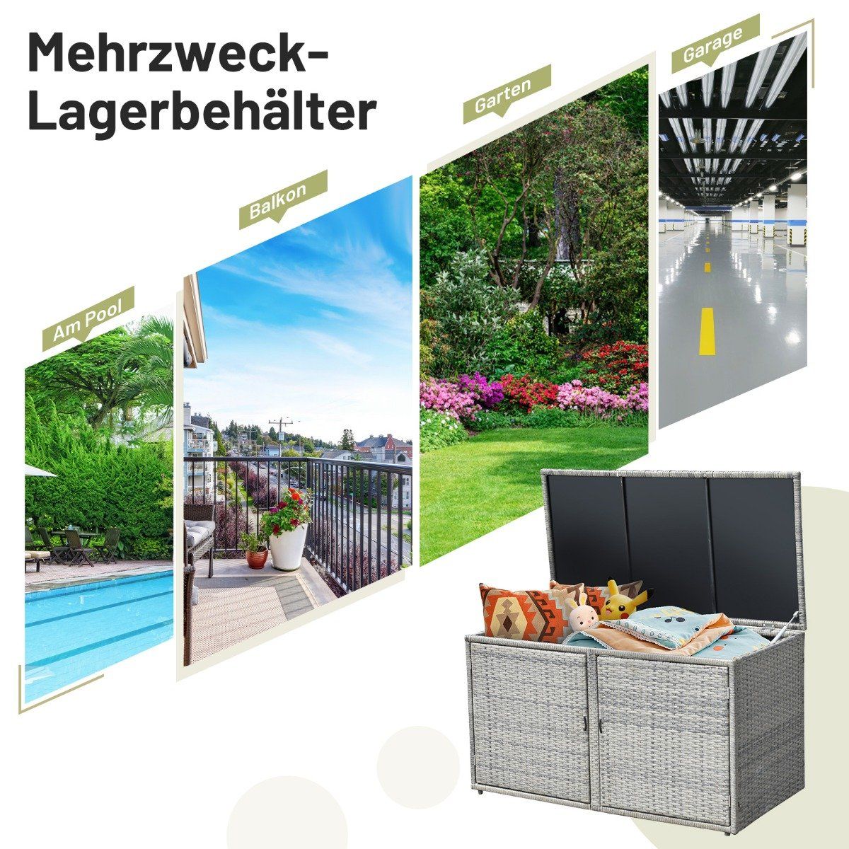 Rattan patio box with 335 L capacity 115 x 60 x 65 cm Gray