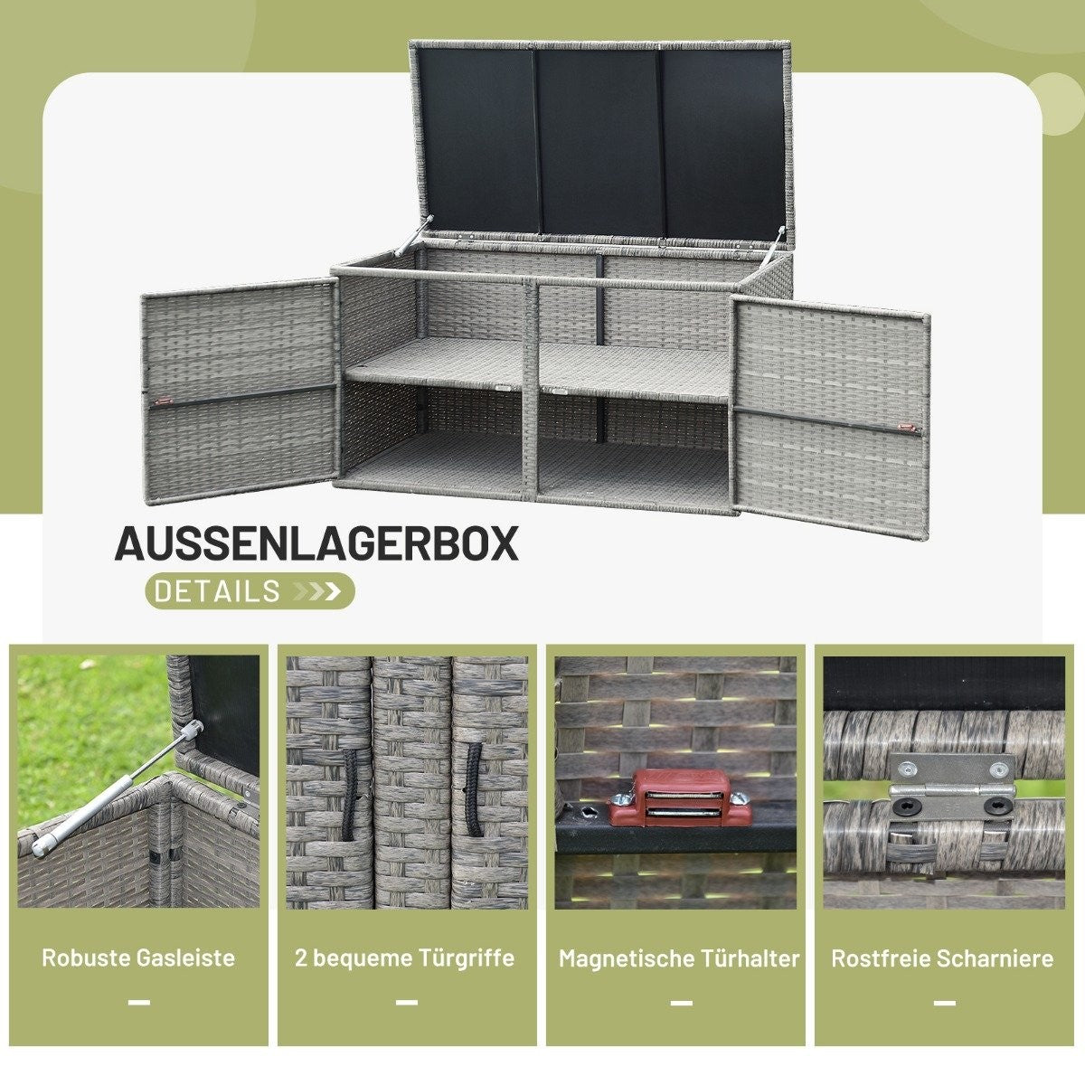 Rattan patio box with 335 L capacity 115 x 60 x 65 cm Gray