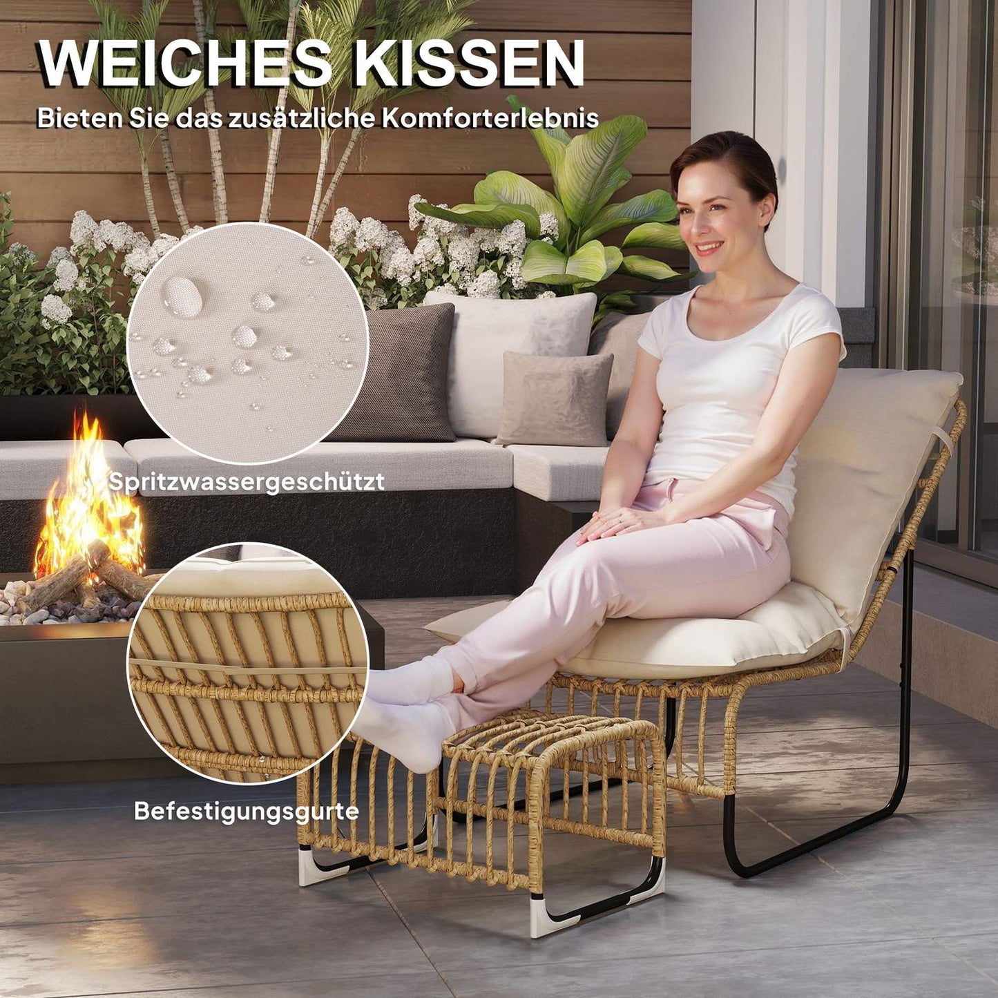 Rattan outdoor chair with footstool - UV resistant and cushioned