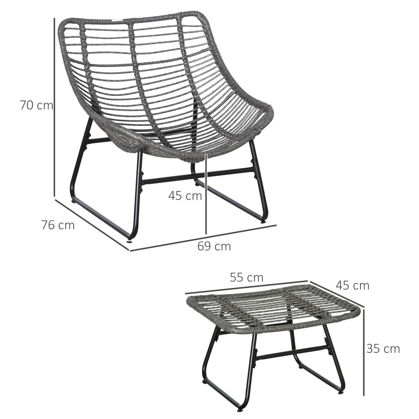 Outdoor rattan relaxation chair with footstool and gray cushions
