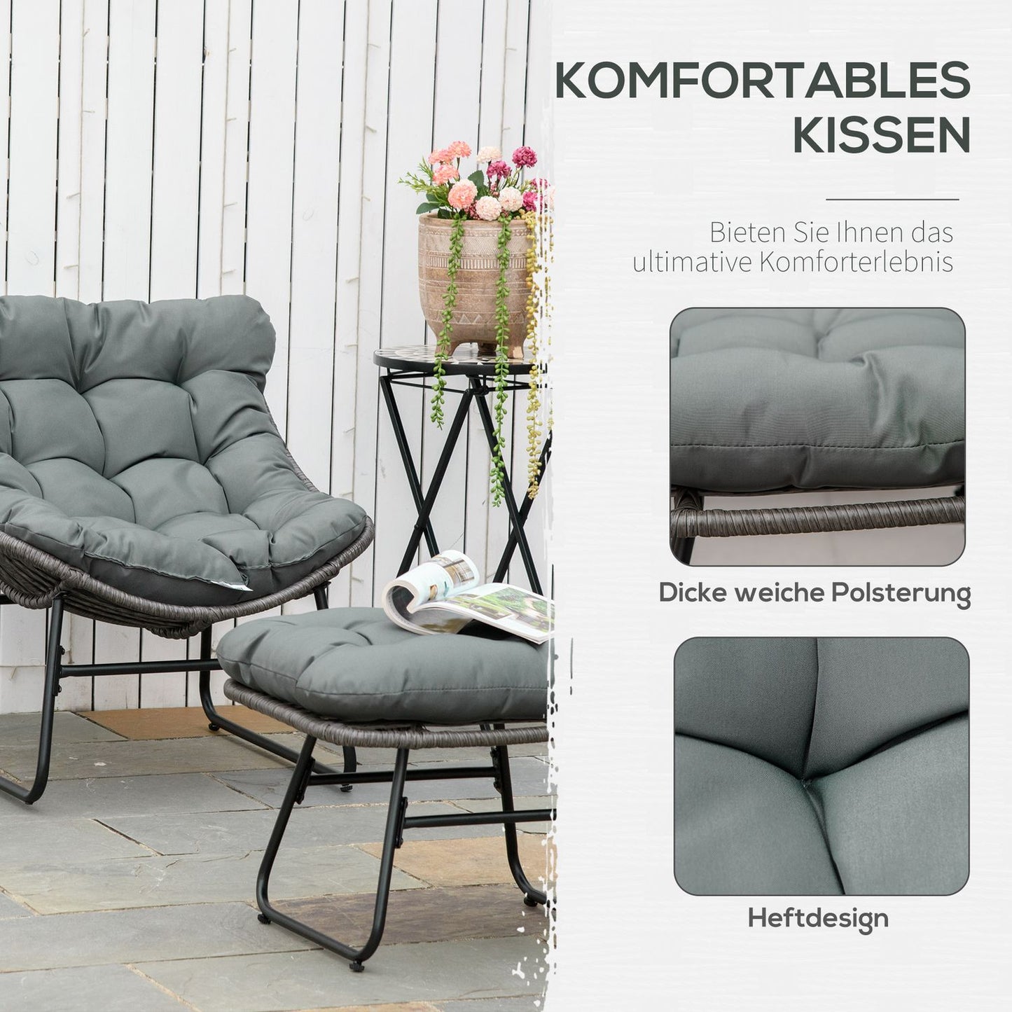 Outdoor rattan relaxation chair with footstool and gray cushions