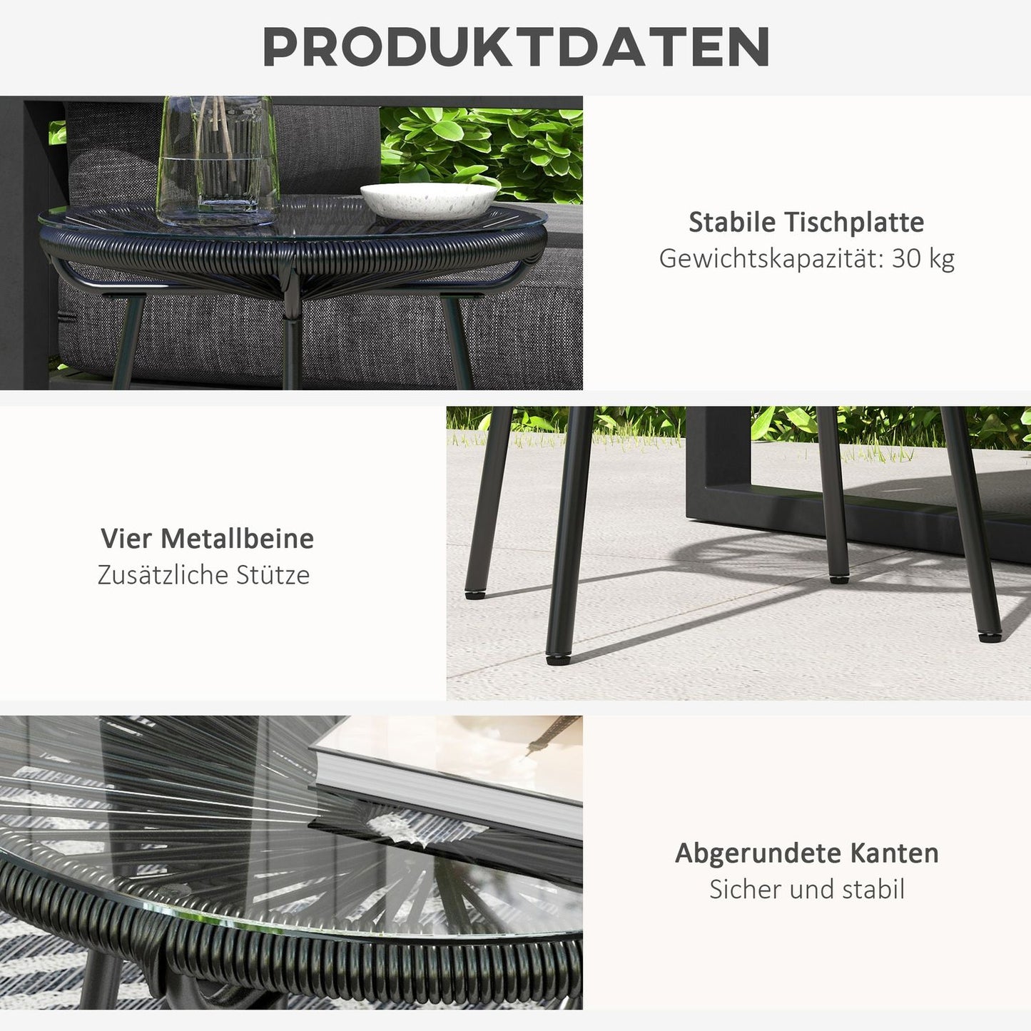 Round rattan coffee table, Glass top, Black, 50x50x50cm