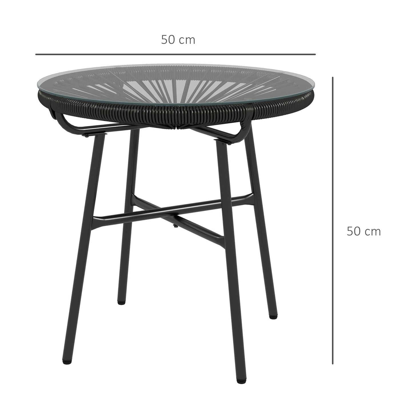 Round rattan coffee table, Glass top, Black, 50x50x50cm