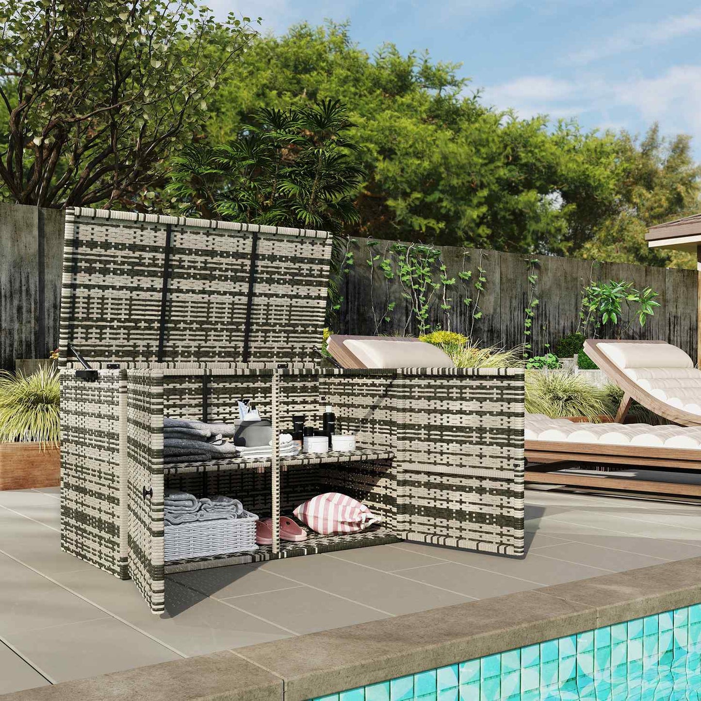 Rattan Storage Box 350L - Weather Resistant, UV Resistant, Mixed Grey