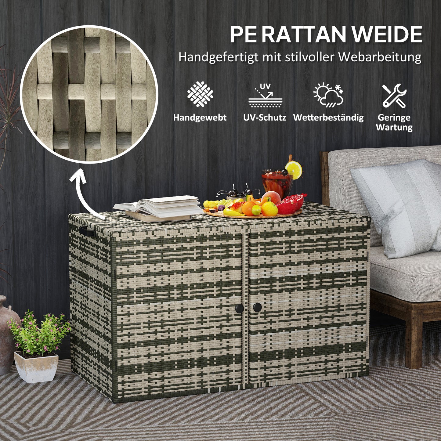 Rattan Storage Box 350L - Weather Resistant, UV Resistant, Mixed Grey