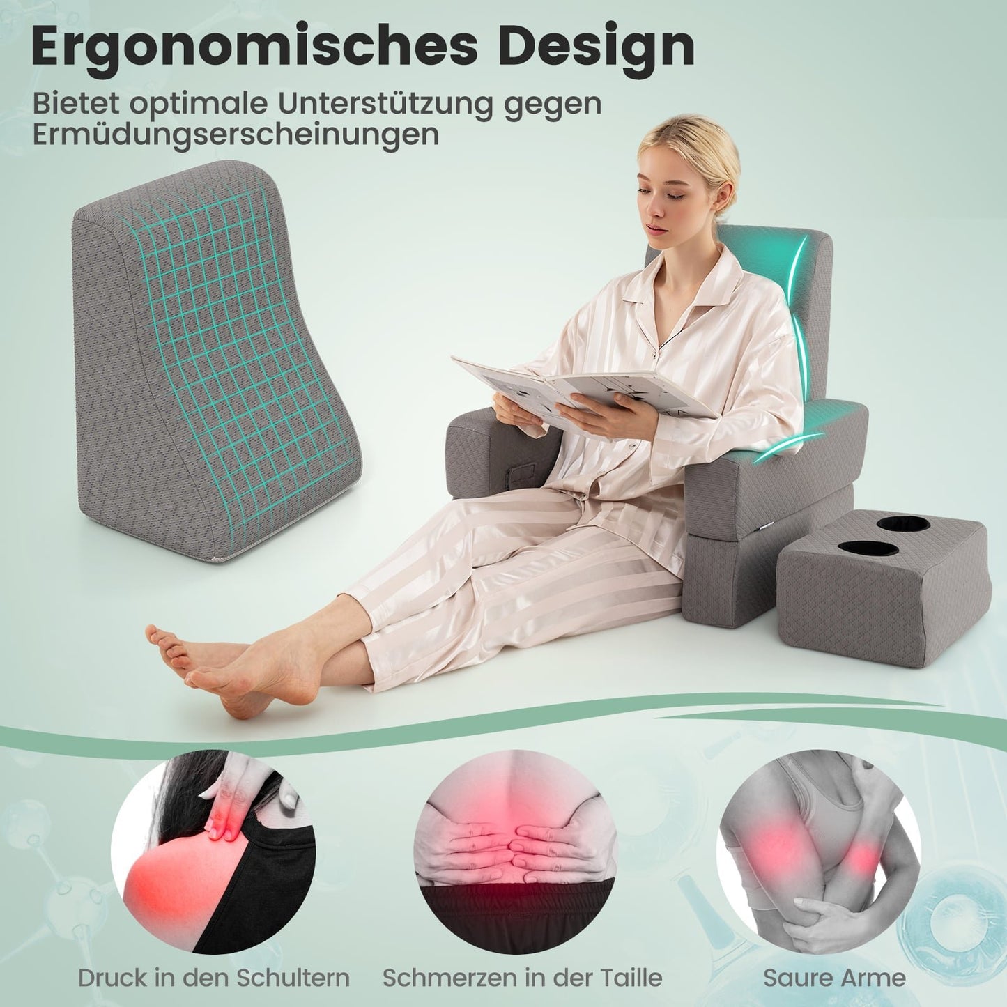 Reading Pillow with Cup Holder – Ergonomic Backrest, Gray