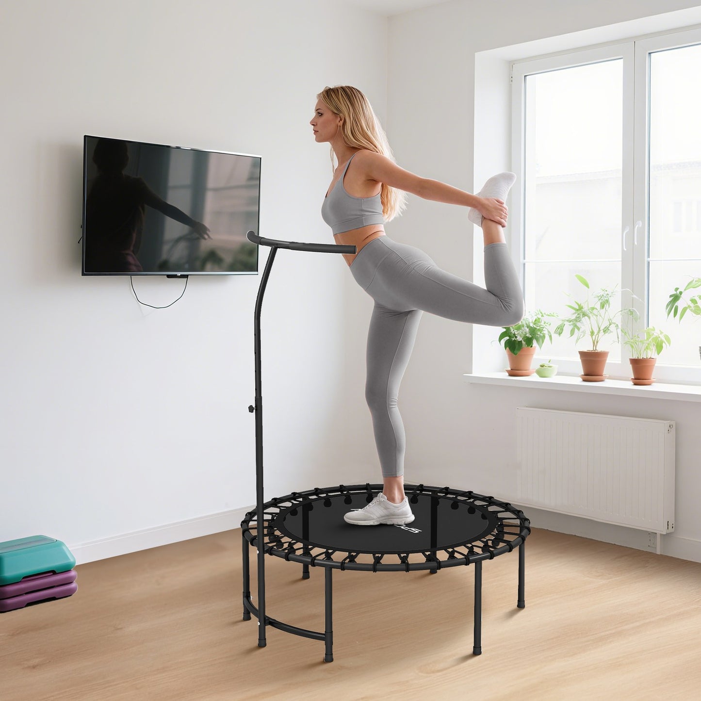 Rebounder Trampoline, Adjustable Handle, Black