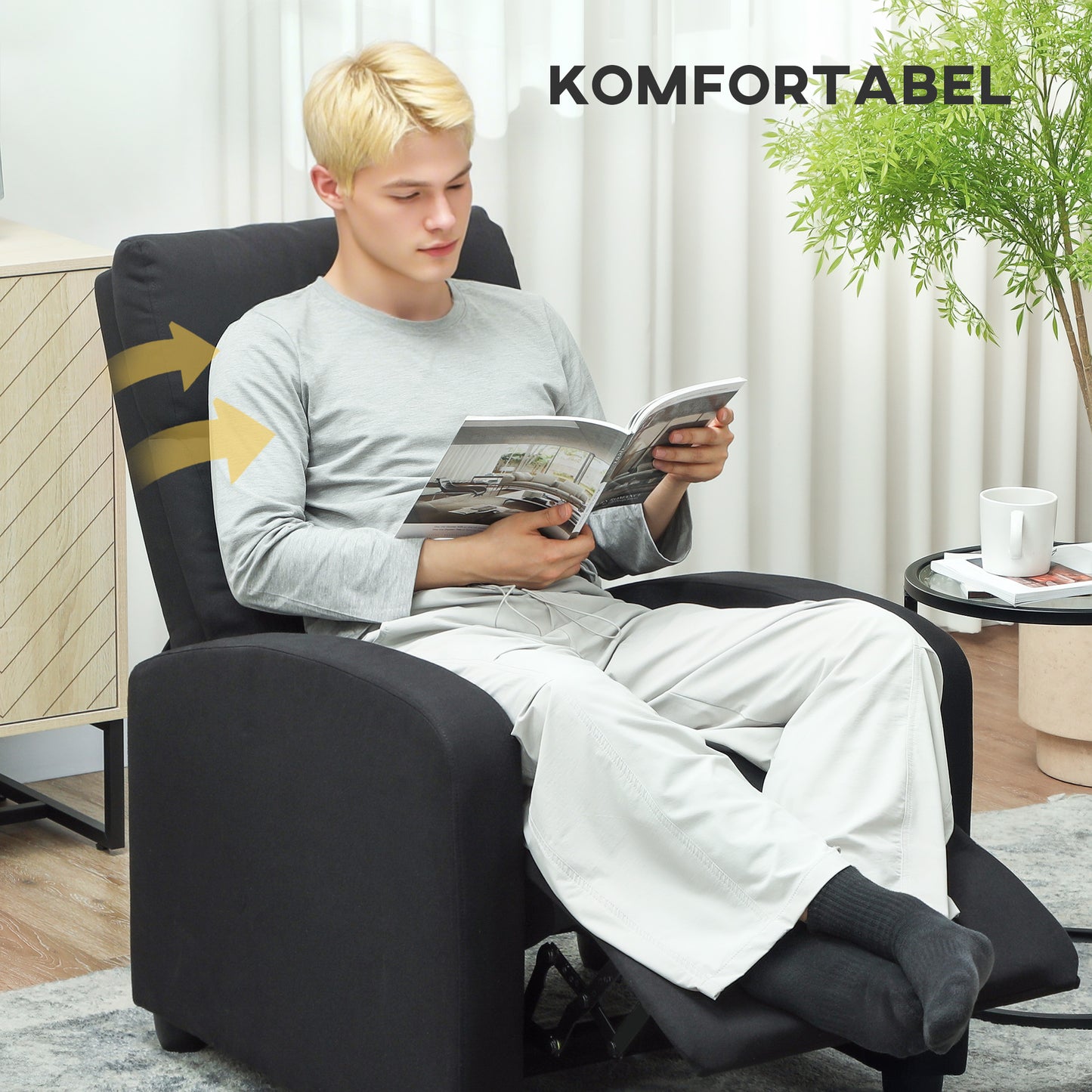 Recliner Chair, Adjustable 135°, Linen-Polyester, Black