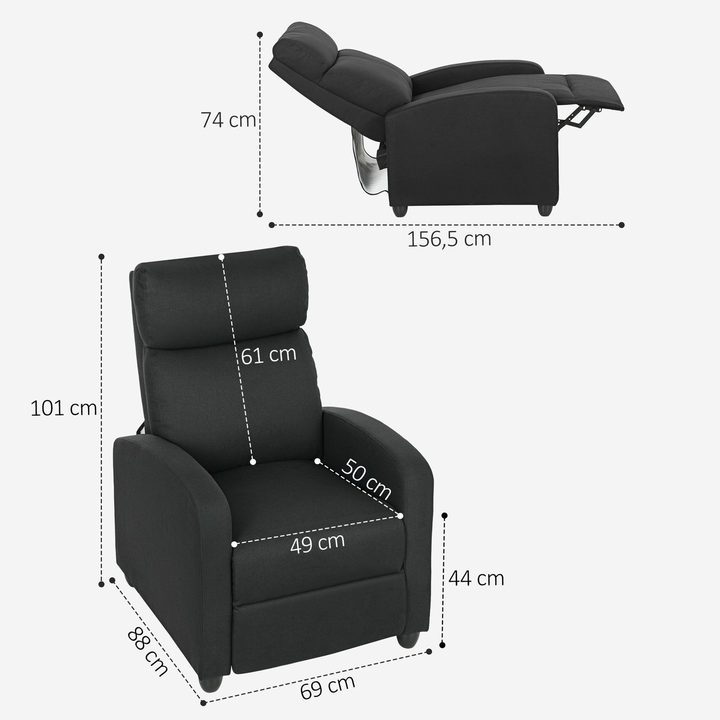 Recliner Chair, Adjustable 135°, Linen-Polyester, Black