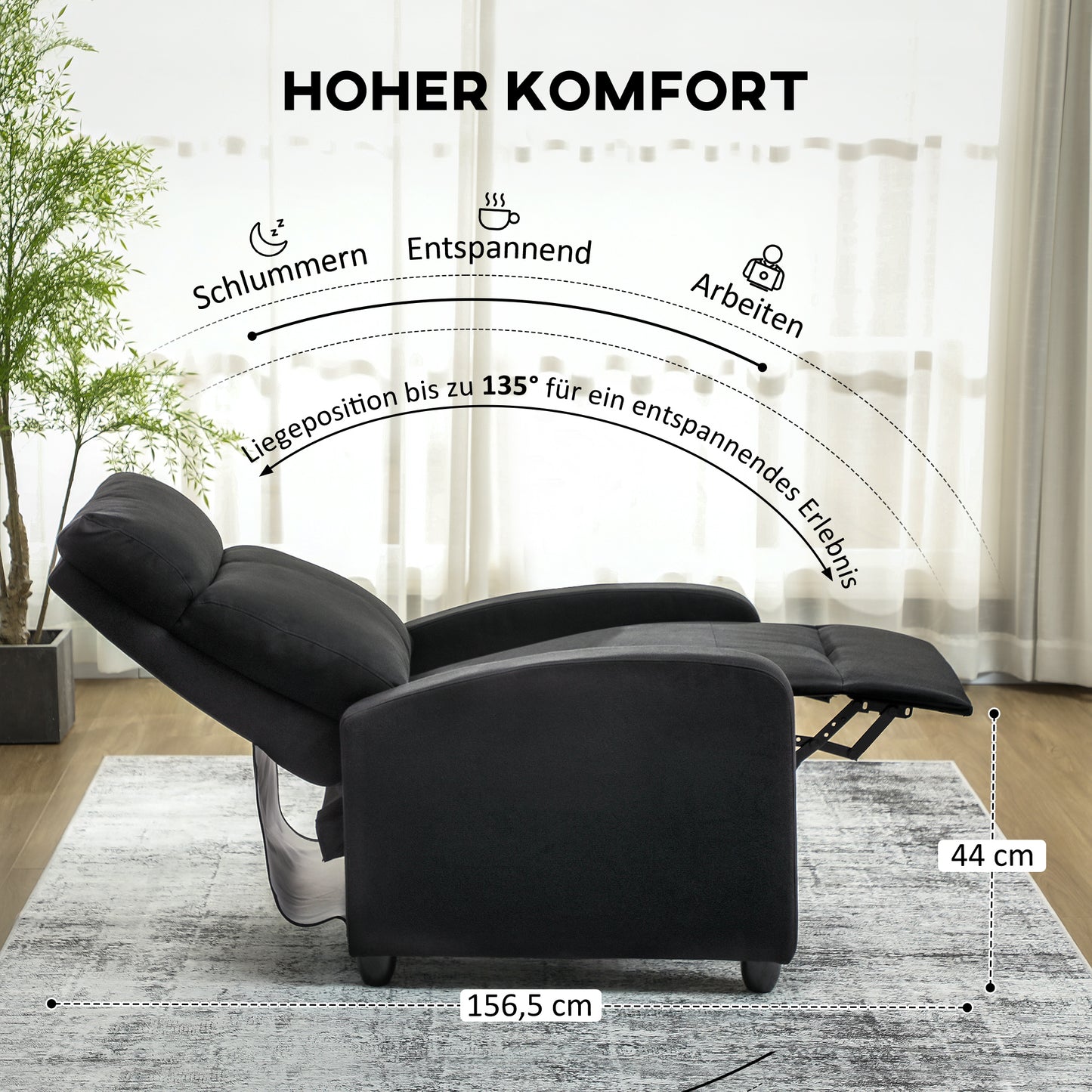 Recliner Chair, Adjustable 135°, Linen-Polyester, Black