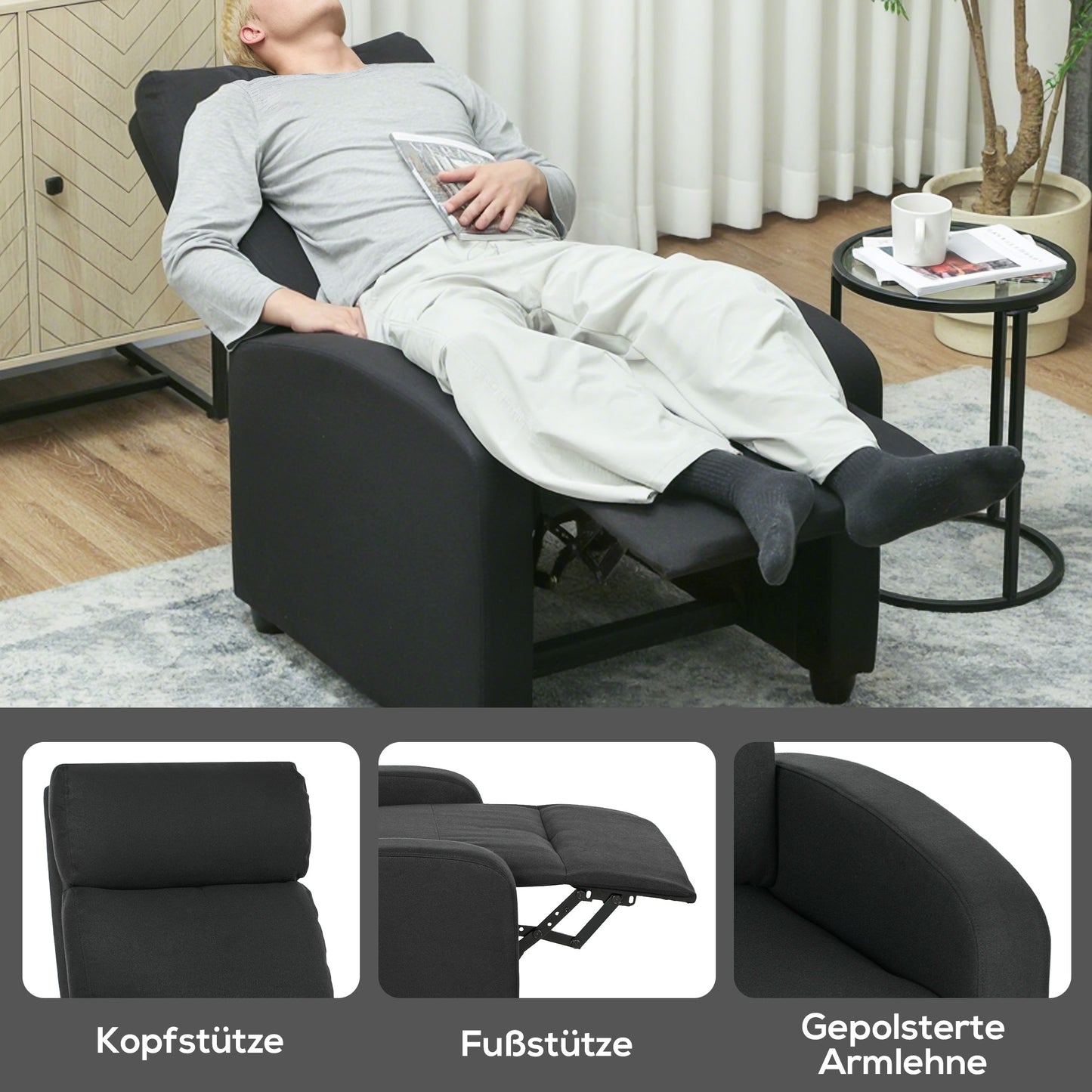 Recliner Chair, Adjustable 135°, Linen-Polyester, Black