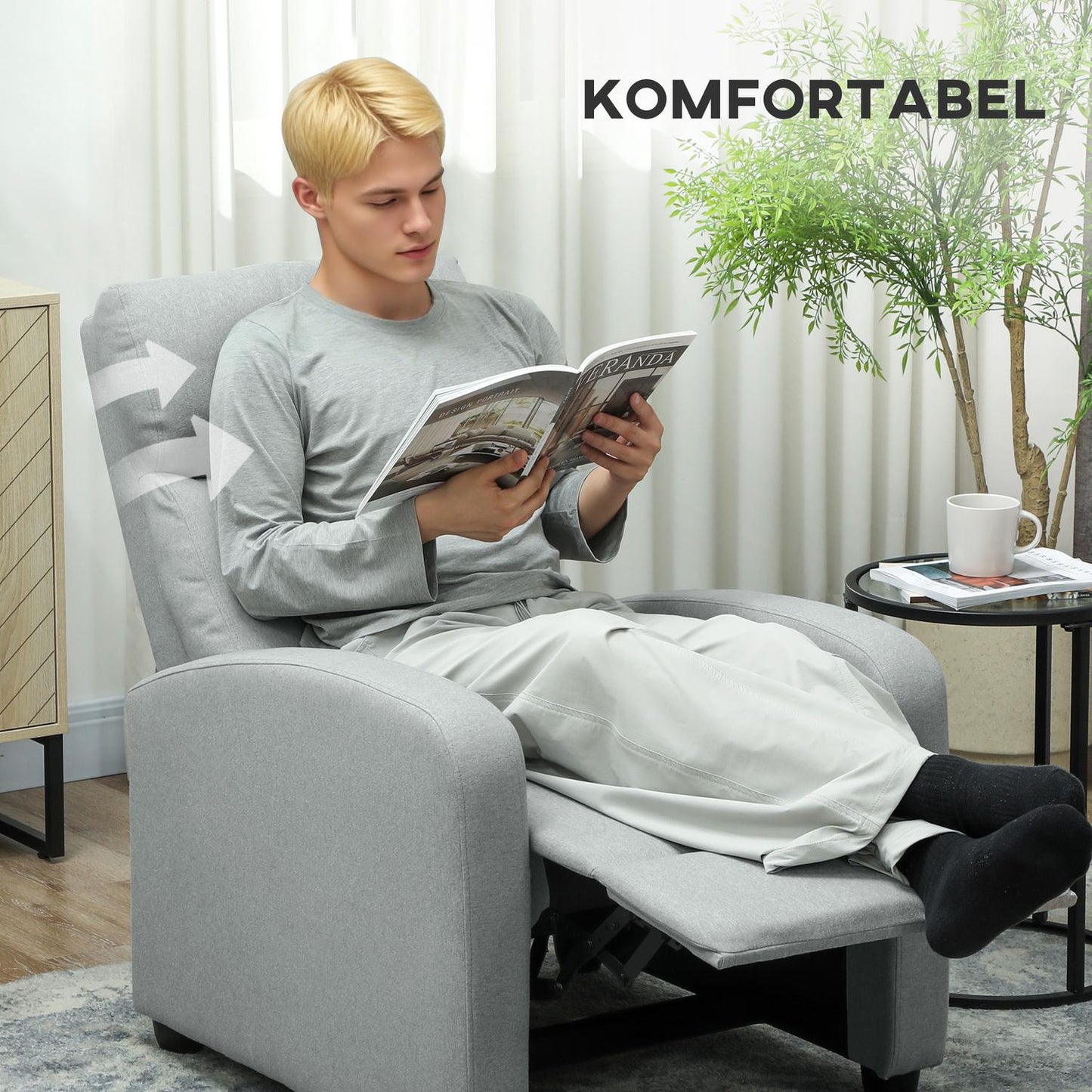 Recliner Chair, Adjustable 135°, Linen-Polyester, Light Grey
