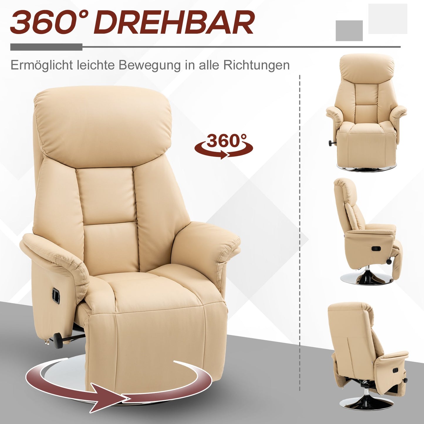 Recliner Chair, Faux Leather, 360° Swivel, Beige