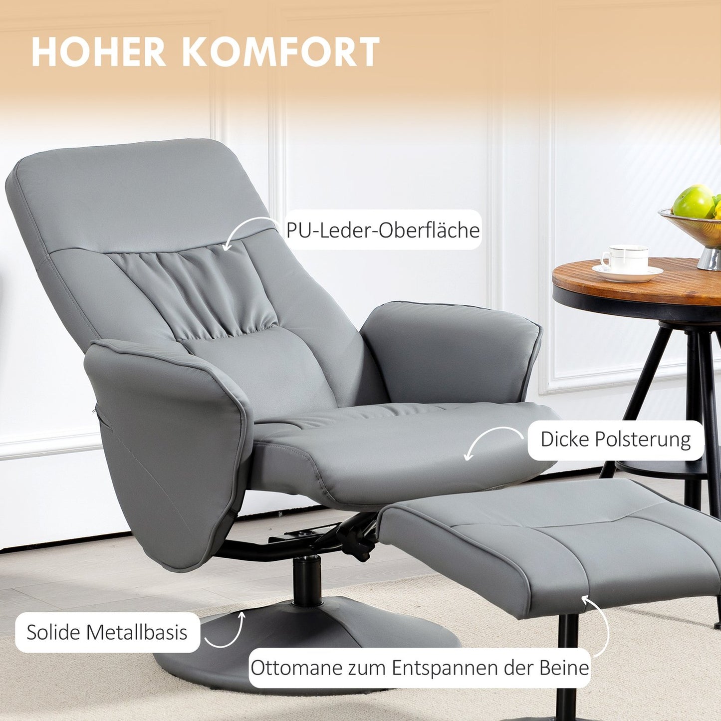 Recliner Chair Set with Ottoman, Adjustable, Light Grey