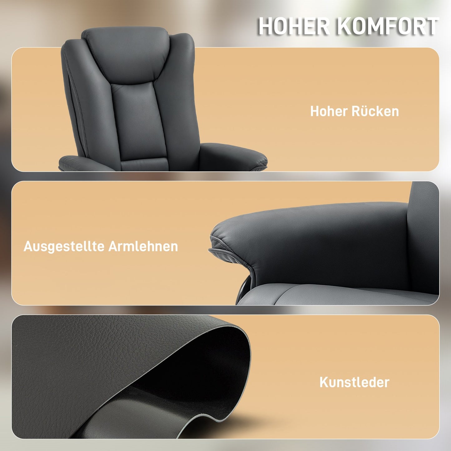 Recliner Chair with 360° Swivel, Faux Leather, Dark Grey