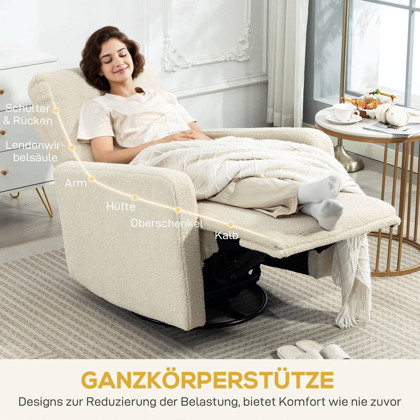 Recliner Chair with Adjustable Backrest, Fleece Cover, Beige