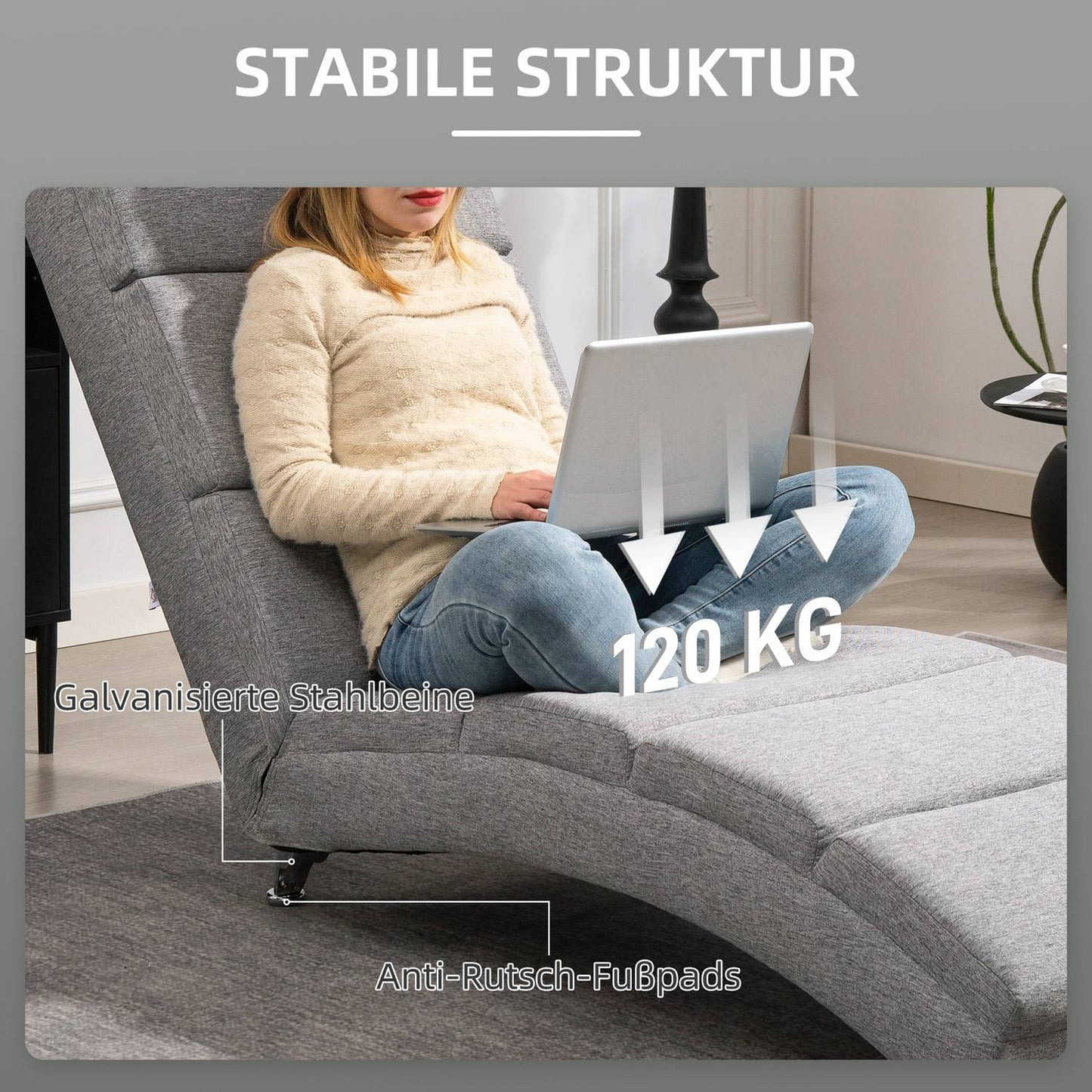 Recliner Chair with Backrest, Steel Legs, Thick Padding, Light Grey