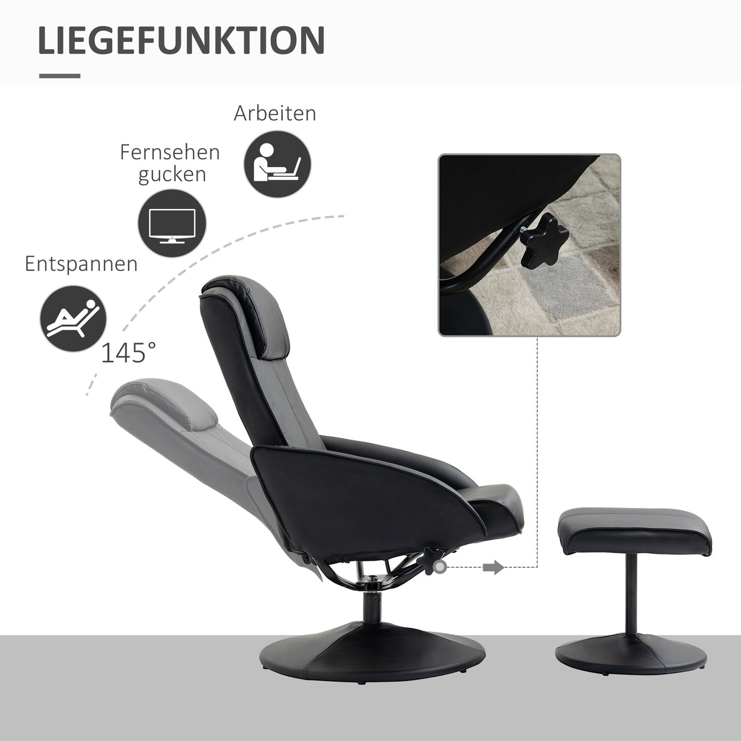 Recliner Chair with Ottoman, Faux Leather, Black, Adjustable