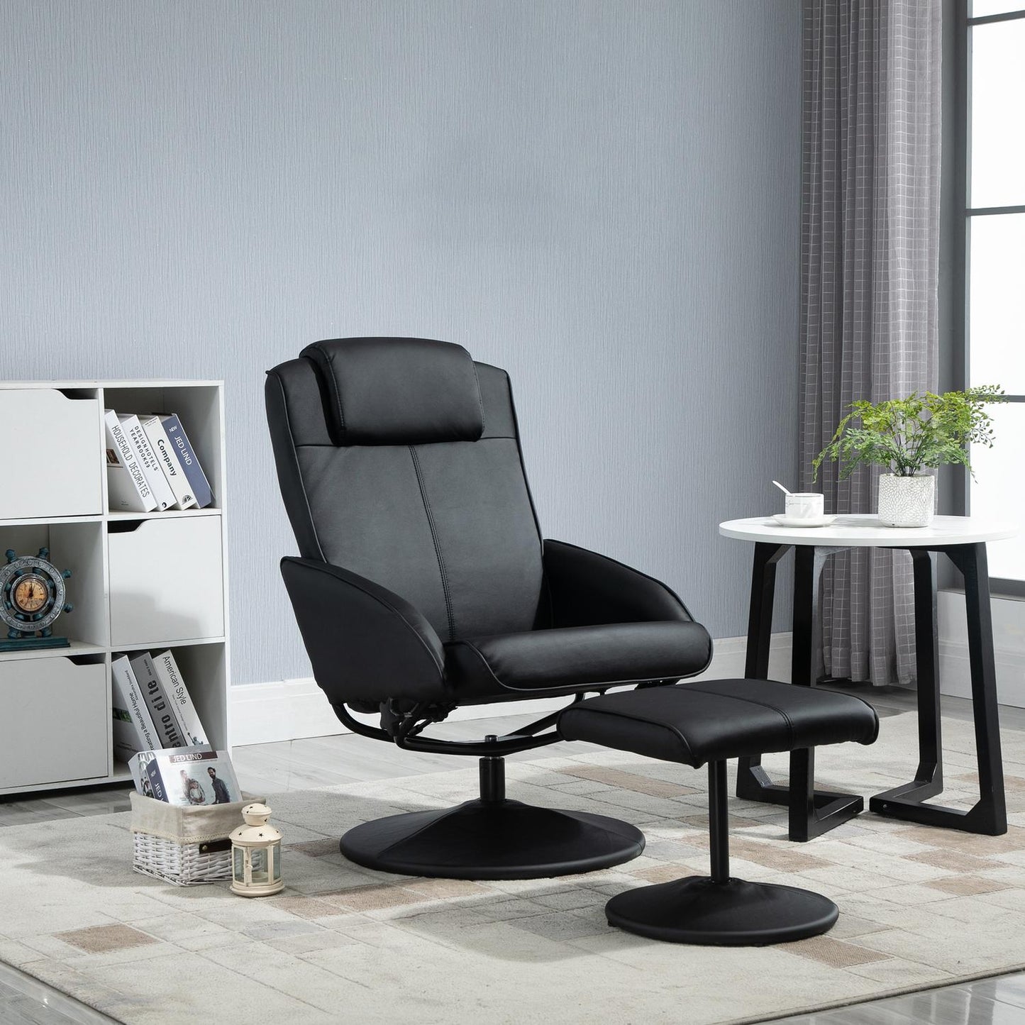 Recliner Chair with Ottoman, Faux Leather, Black, Adjustable