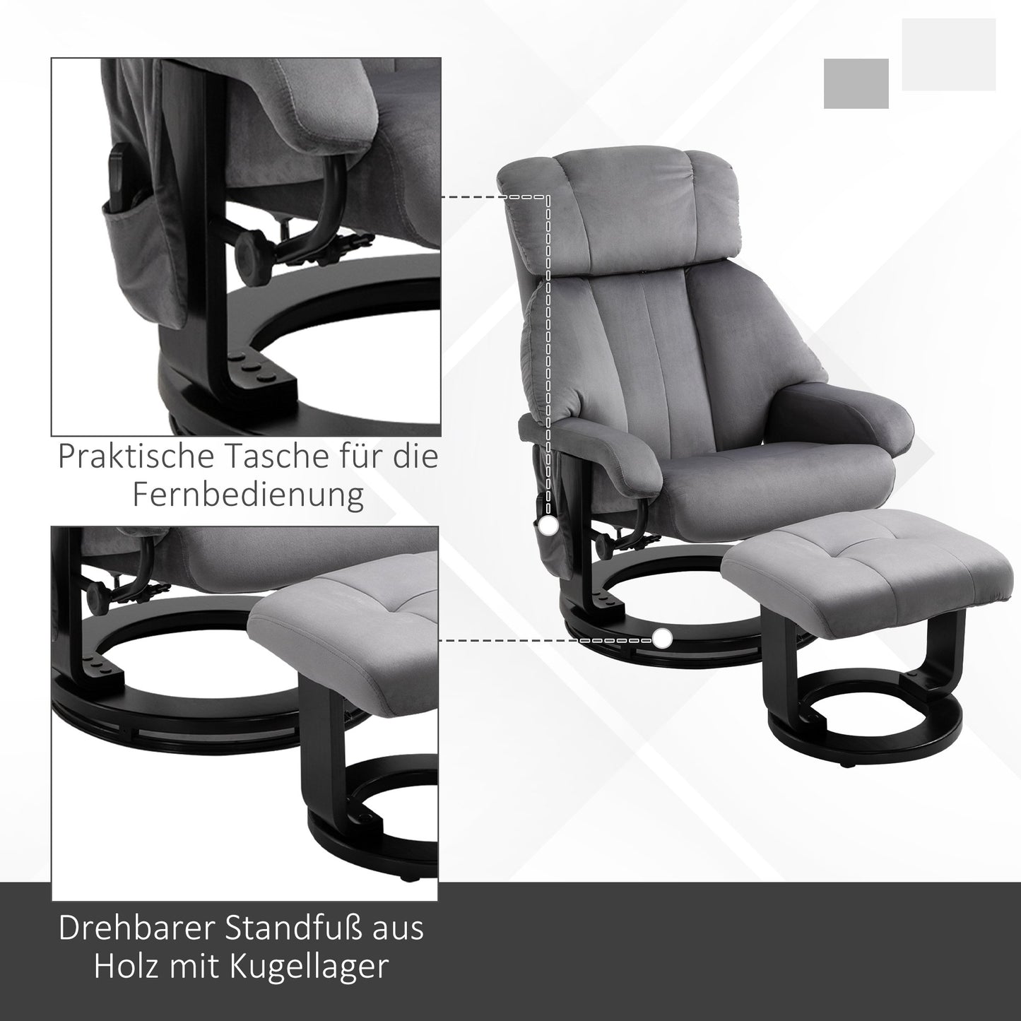 Recliner Chair with Ottoman, Swivel Massage Chair, Grey Velvet