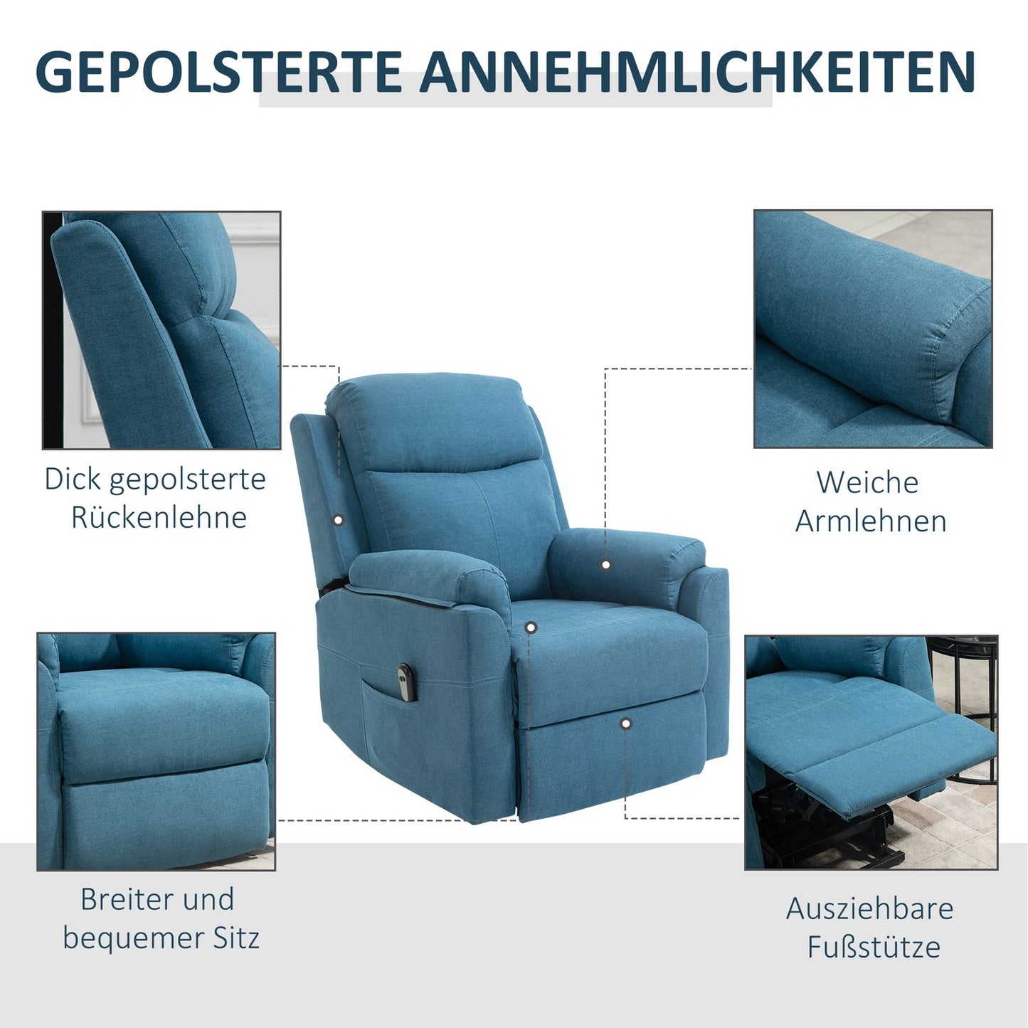Electric recliner for seniors - Linen, blue, 83x89x102cm