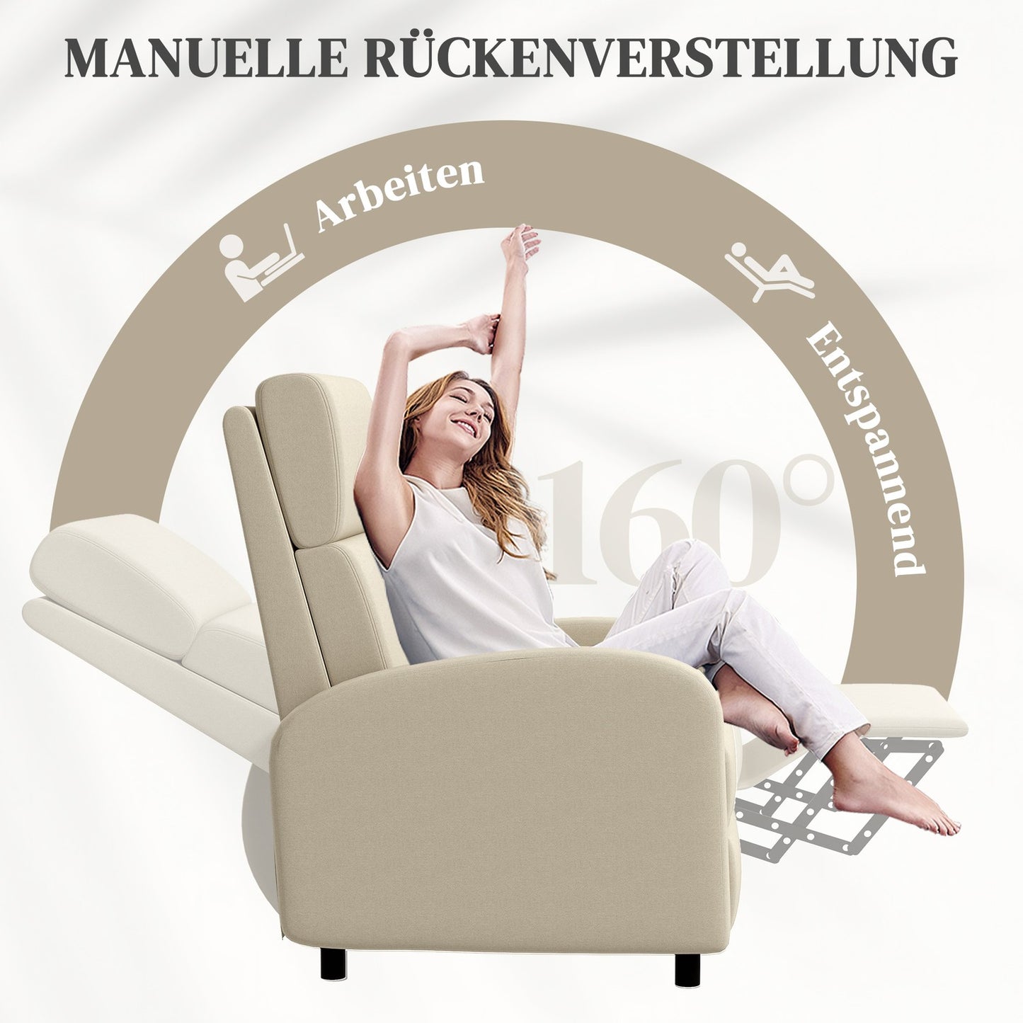 Recliner TV chair, fold-out footrest, tilts up to 160°, 64 x 86 x 102 cm, cream