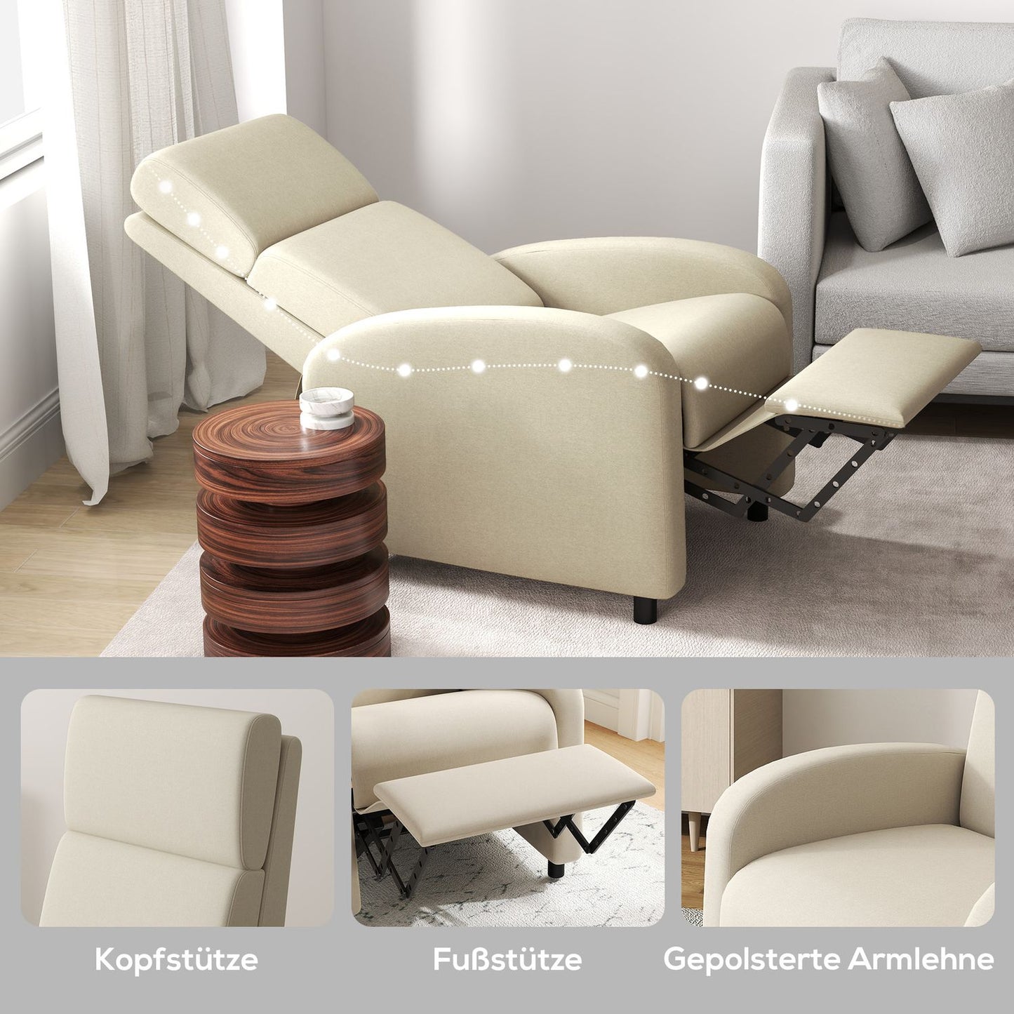 Recliner TV chair, fold-out footrest, tilts up to 160°, 64 x 86 x 102 cm, cream