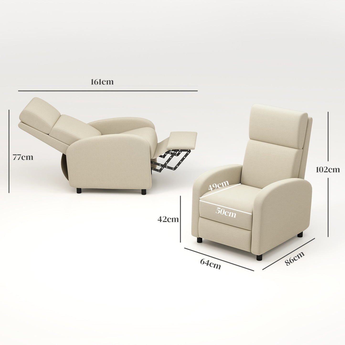 Recliner TV chair, fold-out footrest, tilts up to 160°, 64 x 86 x 102 cm, cream