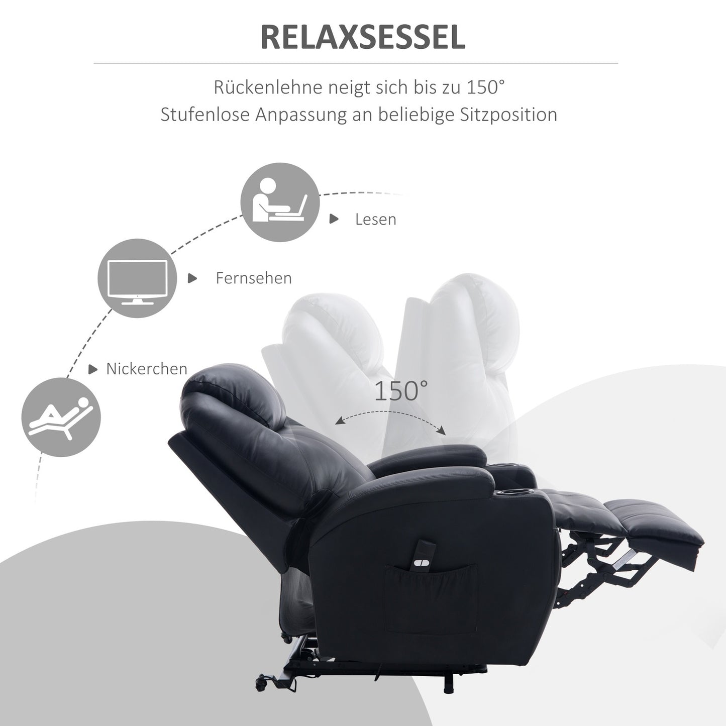 Lounger with standing aid, black artificial leather, adjustable