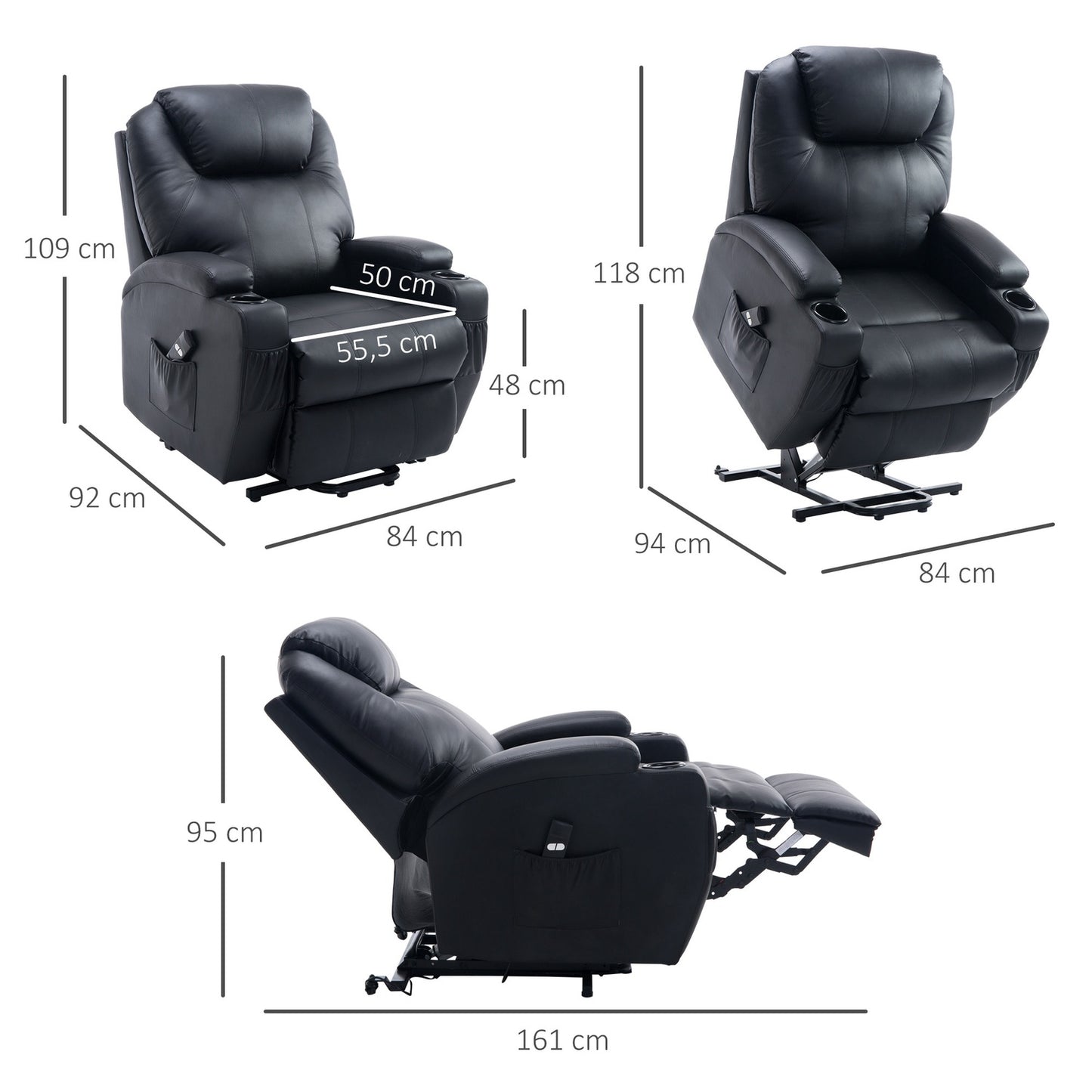 Lounger with standing aid, black artificial leather, adjustable