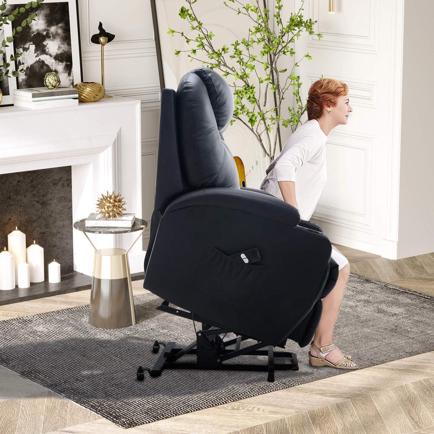 Lounger with standing aid, black artificial leather, adjustable