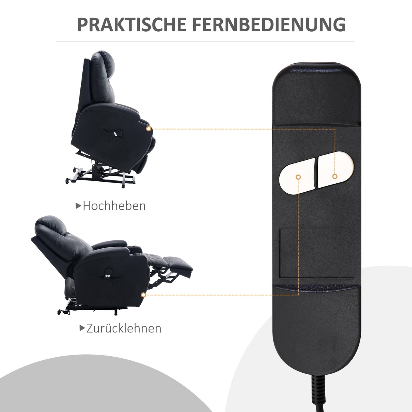 Lounger with standing aid, black artificial leather, adjustable