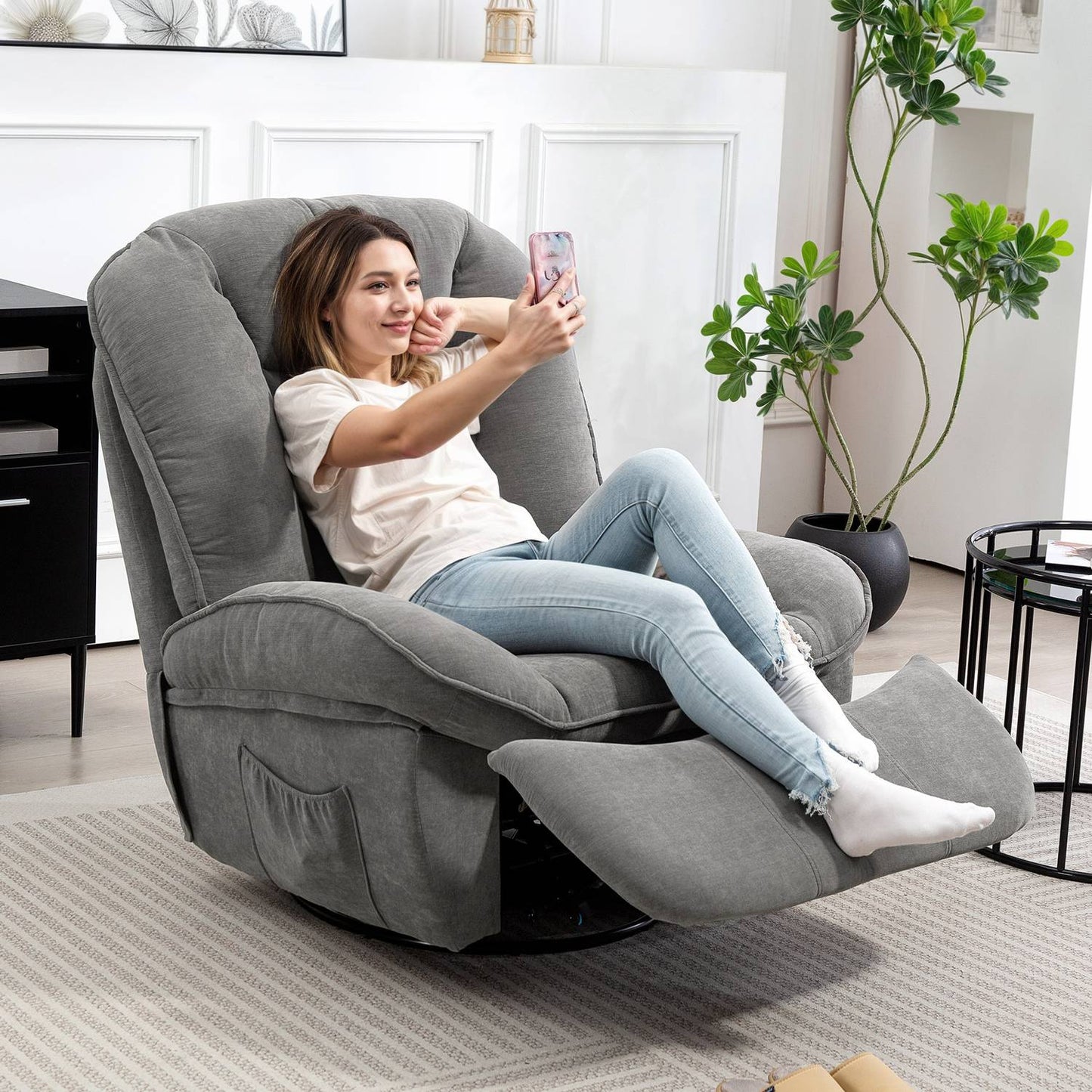 Recliner Chair with Swivel, Rocking, Footrest, Dark Grey