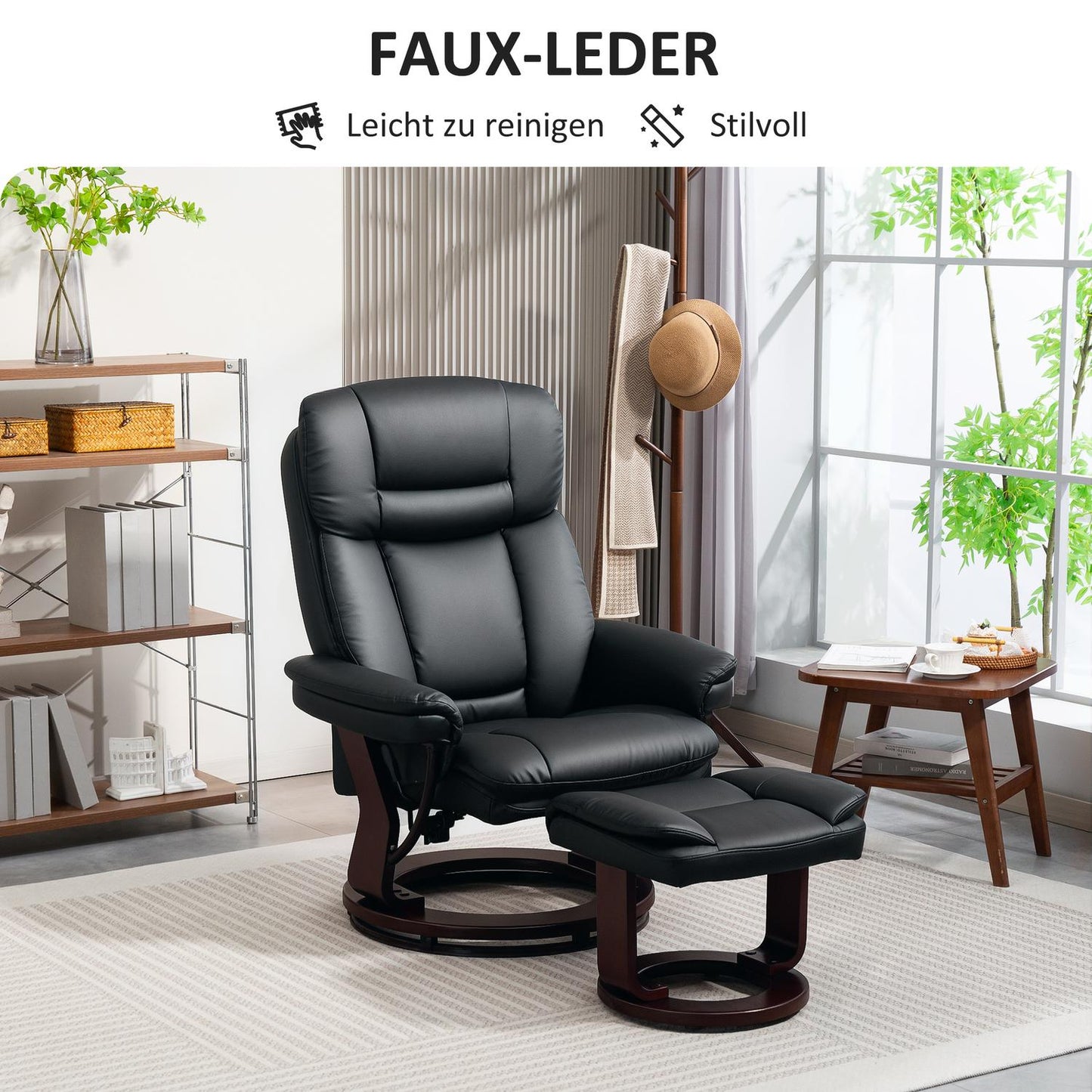 Recliner Chair with Ottoman, Faux Leather, Black, Adjustable