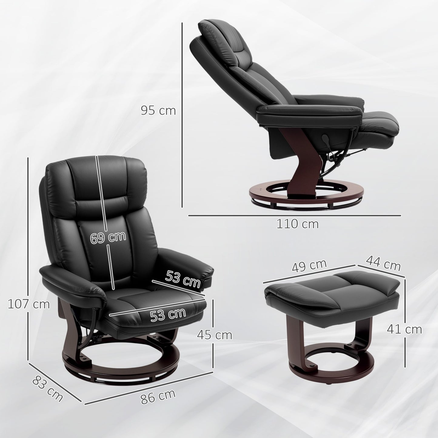 Recliner Chair with Ottoman, Faux Leather, Black, Adjustable