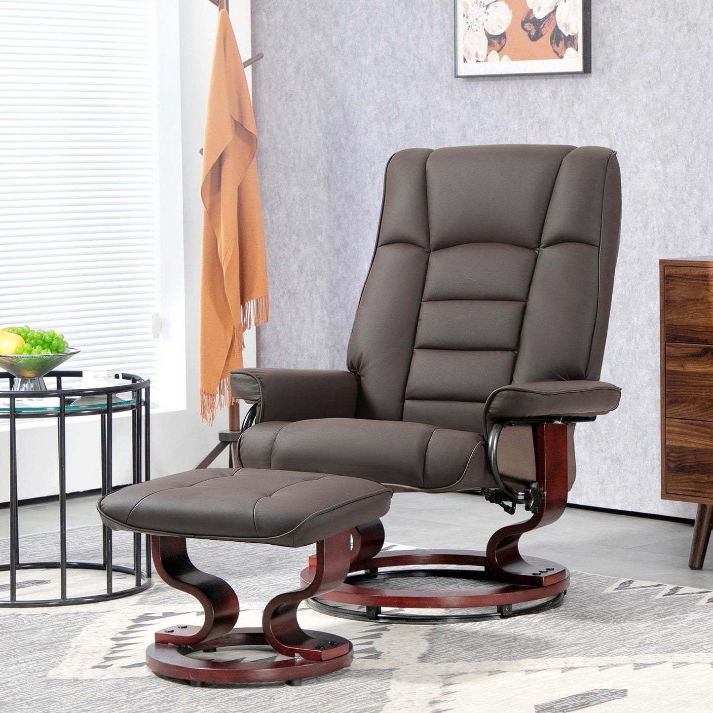 Recliner chair with footstool, swivel and tilt, faux leather cover, up to 150 kg, wooden frame, brown