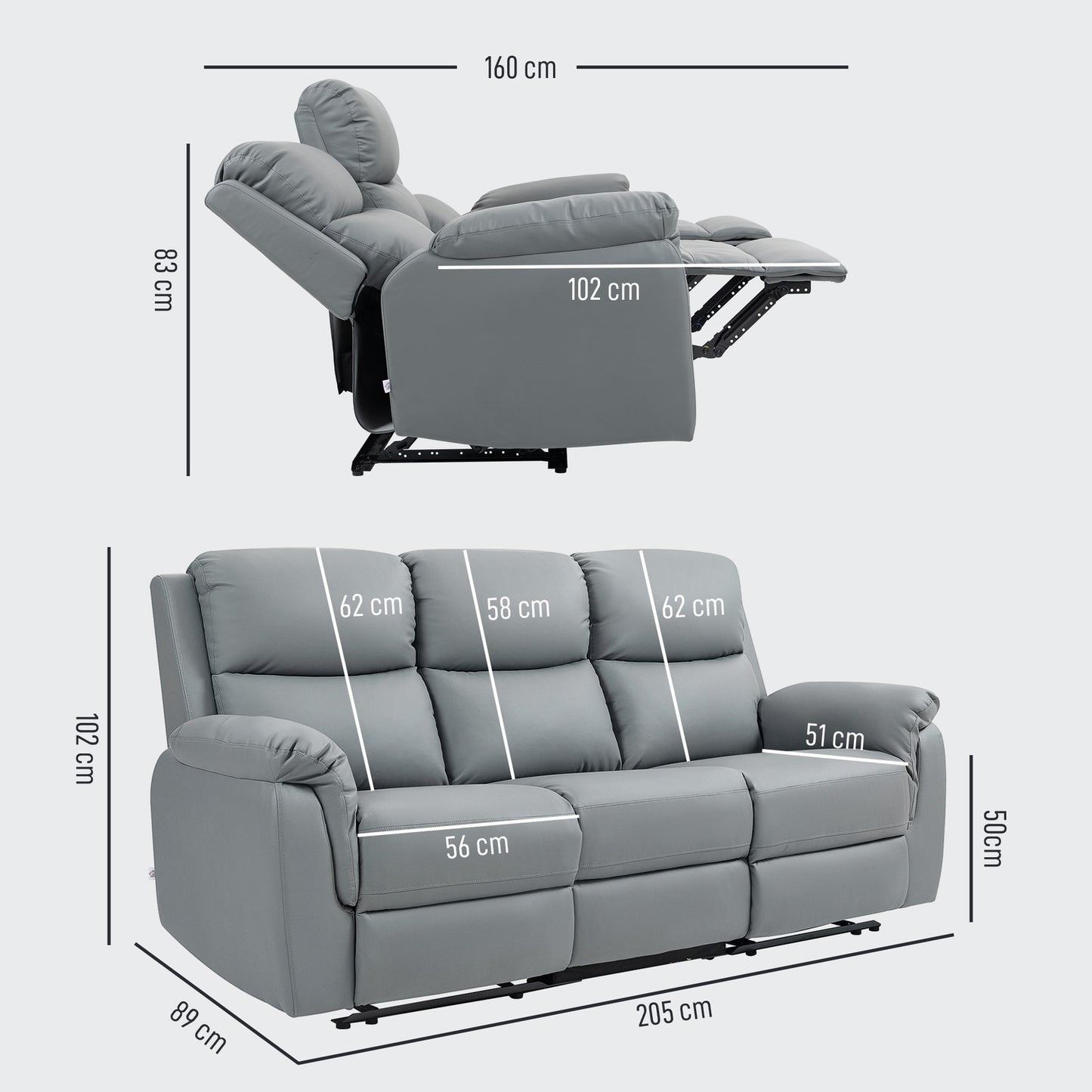 Reclining 3-Seater Sofa, Faux Leather, Dark Grey